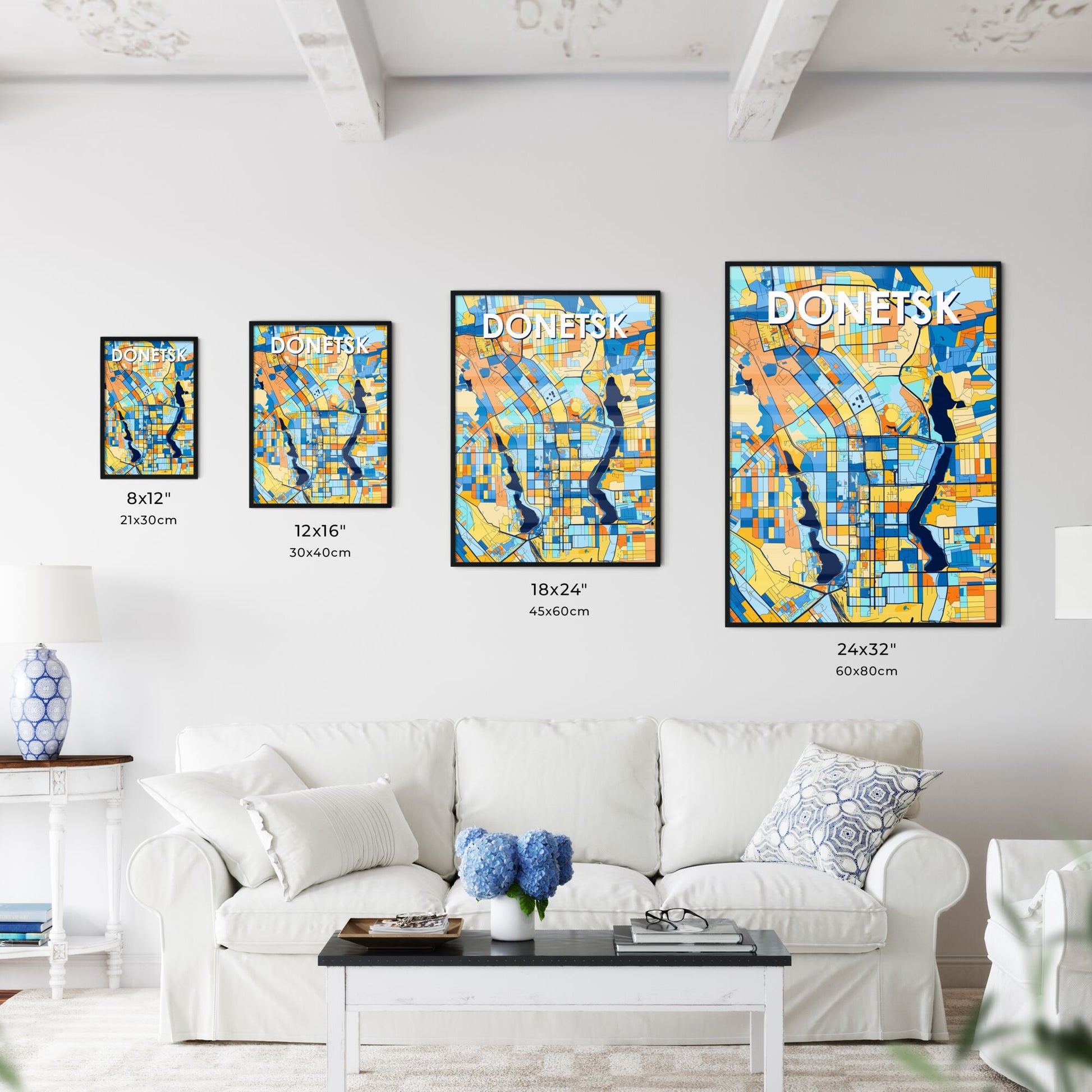 DONETSK UKRAINE Vibrant Colorful Art Map Poster Blue Orange