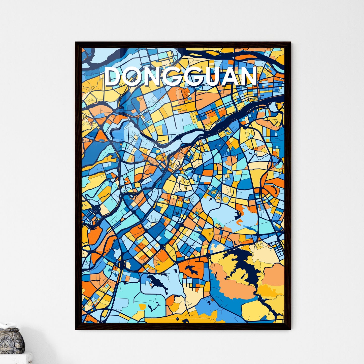 DONGGUAN CHINA Vibrant Colorful Art Map Poster Blue Orange