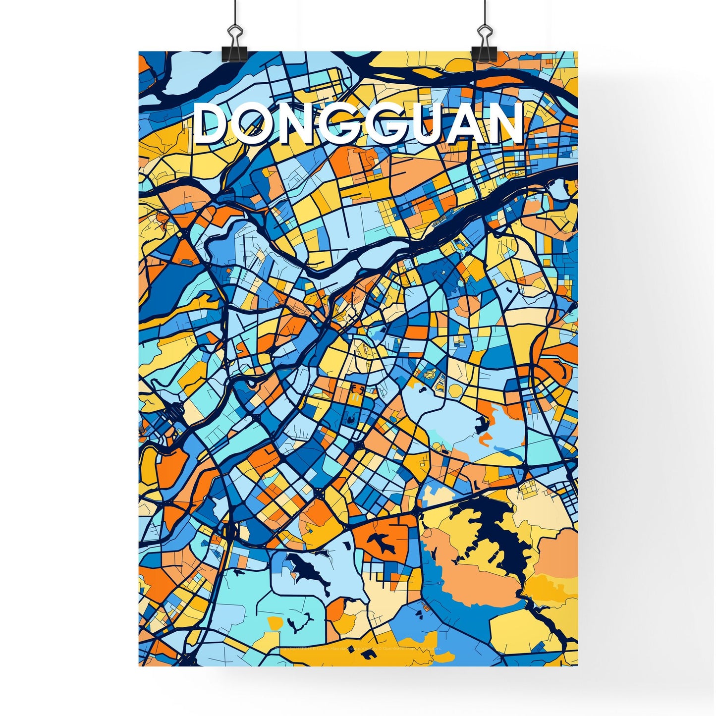 DONGGUAN CHINA Vibrant Colorful Art Map Poster Blue Orange