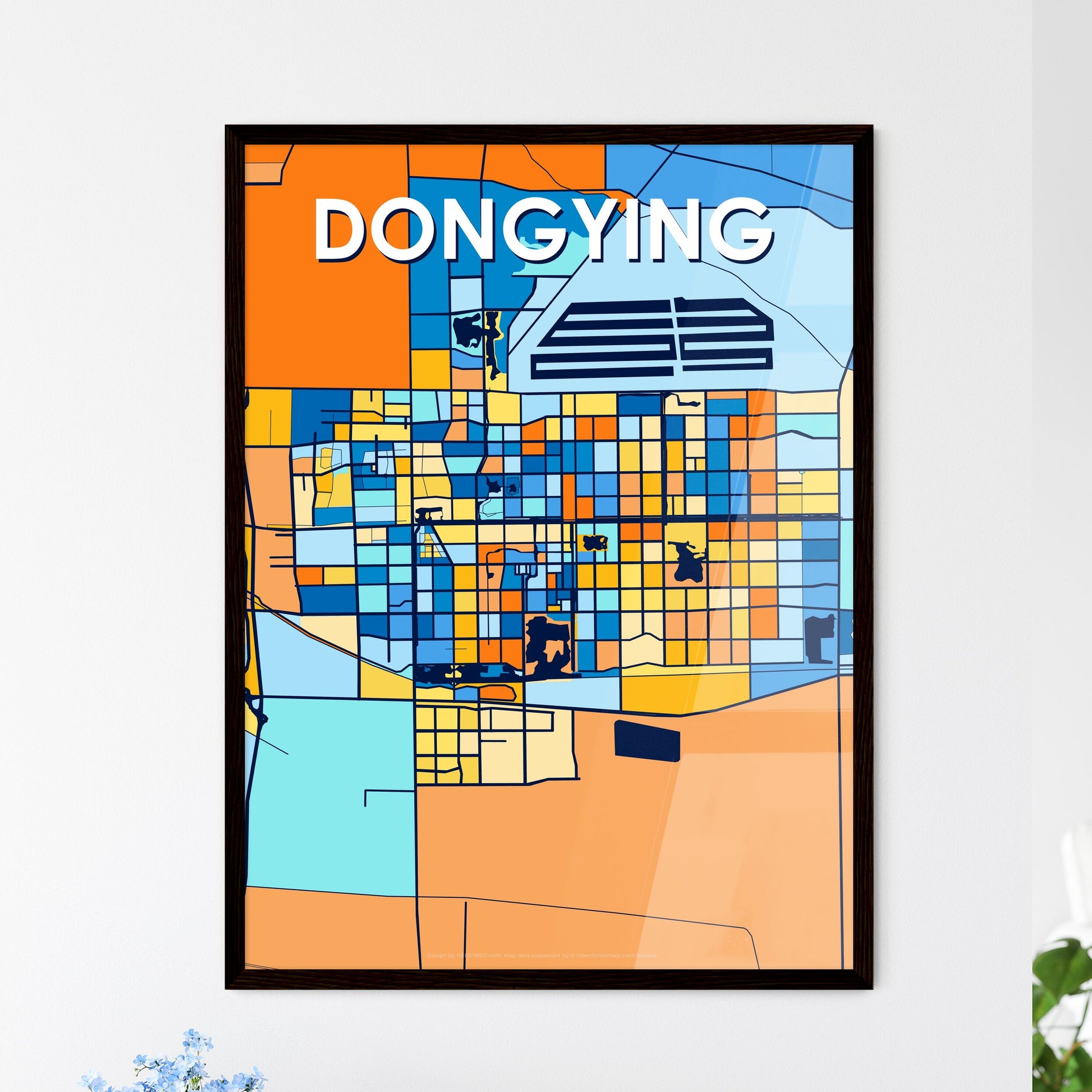 DONGYING CHINA Vibrant Colorful Art Map Poster Blue Orange