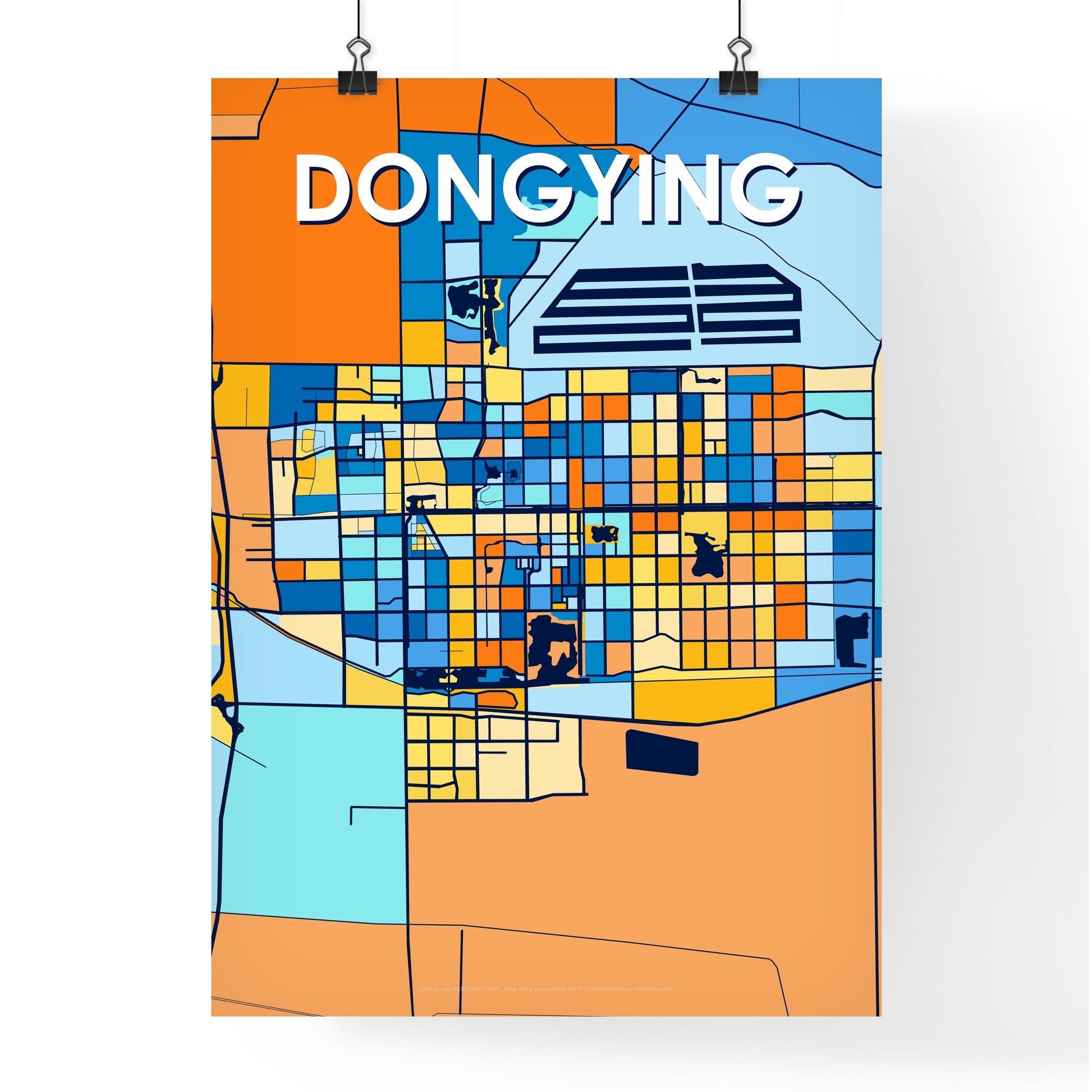 DONGYING CHINA Vibrant Colorful Art Map Poster Blue Orange