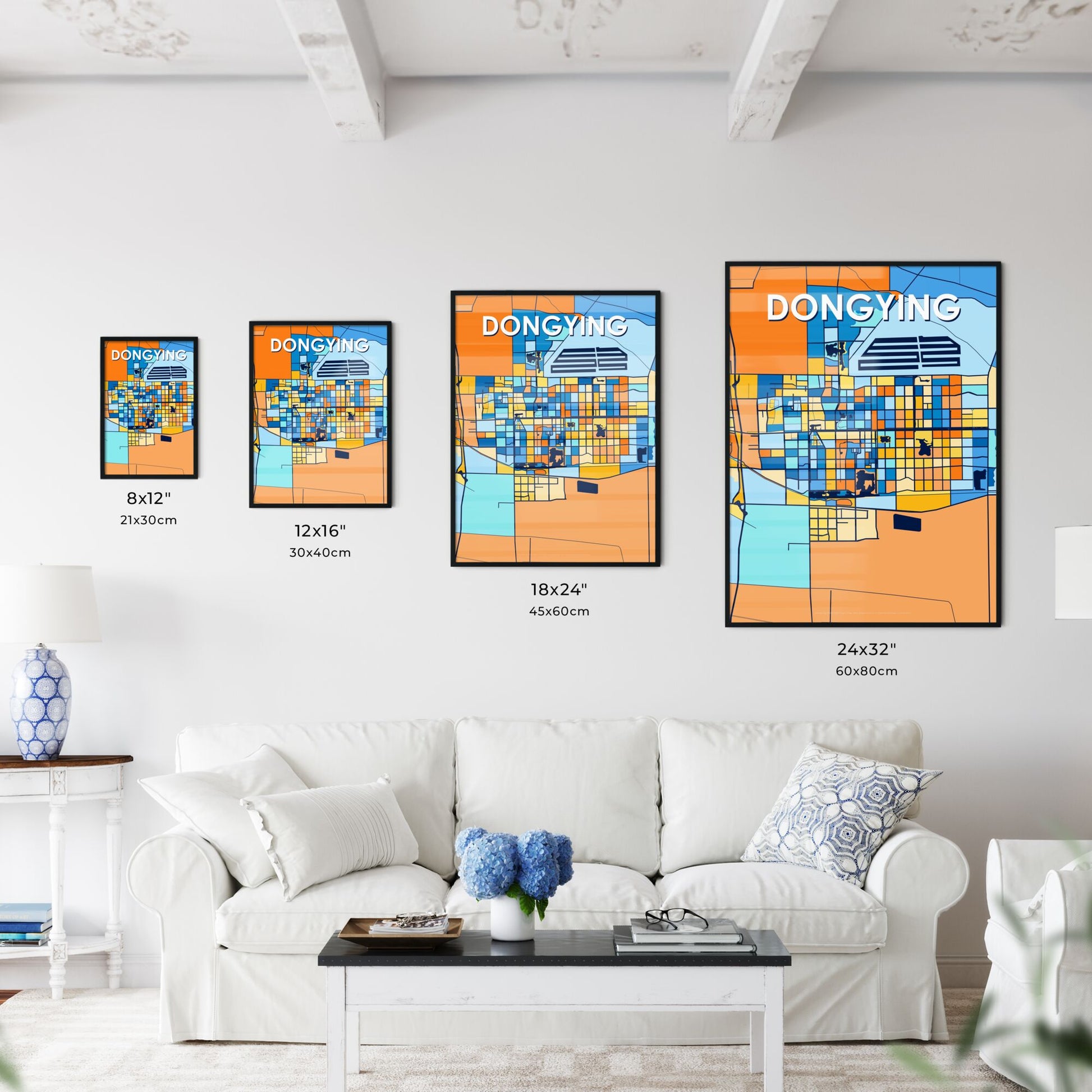 DONGYING CHINA Vibrant Colorful Art Map Poster Blue Orange