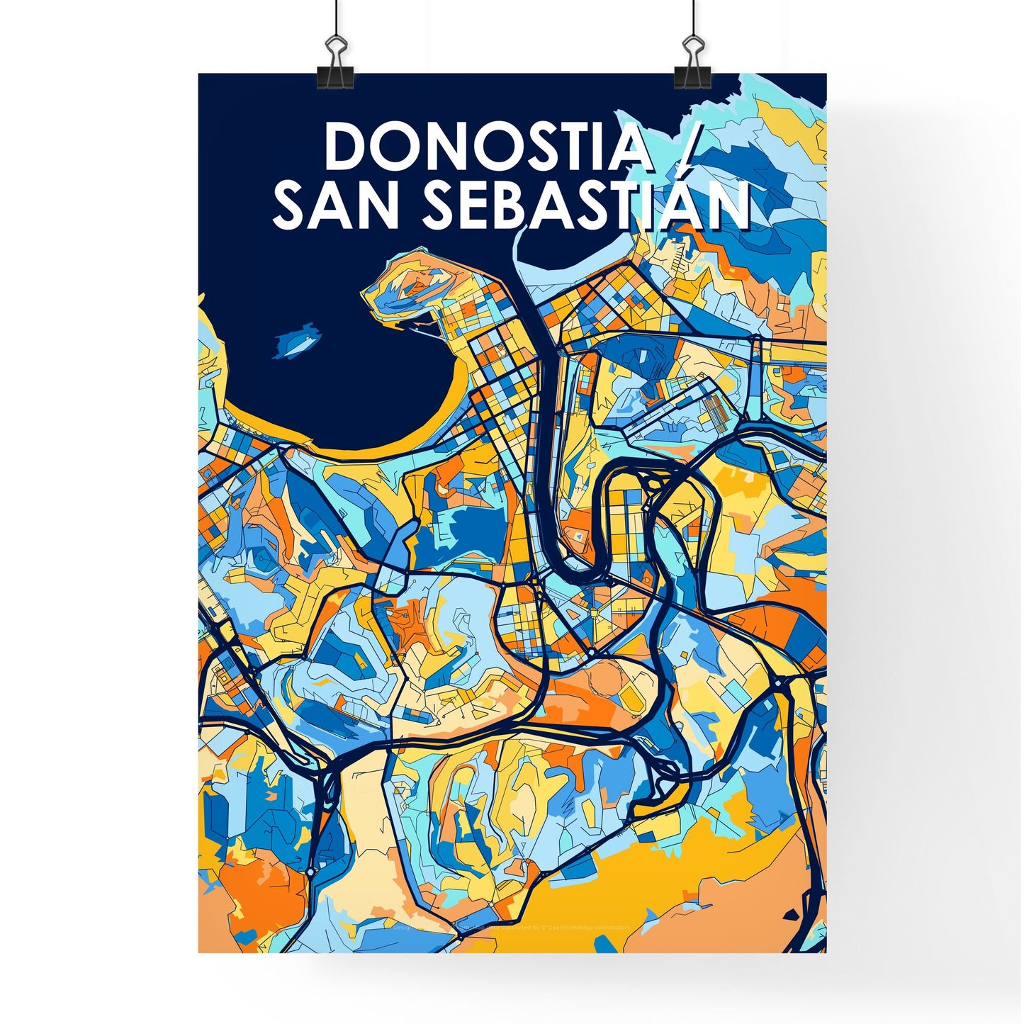 DONOSTIA / SAN SEBASTIÁN SPAIN Vibrant Colorful Art Map Poster Blue Orange