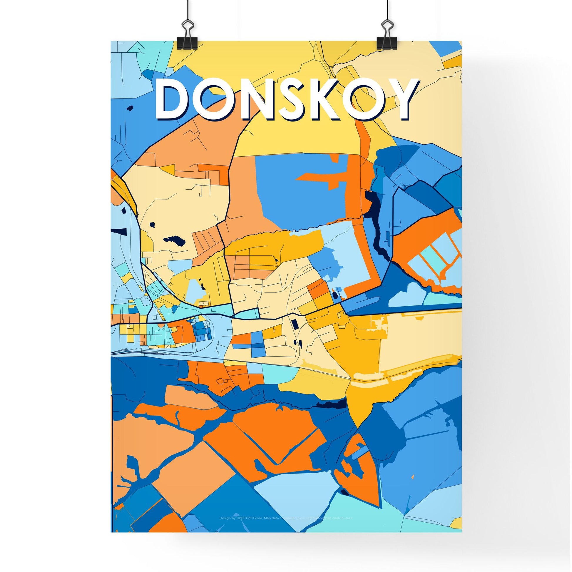 DONSKOY RUSSIA Vibrant Colorful Art Map Poster Blue Orange