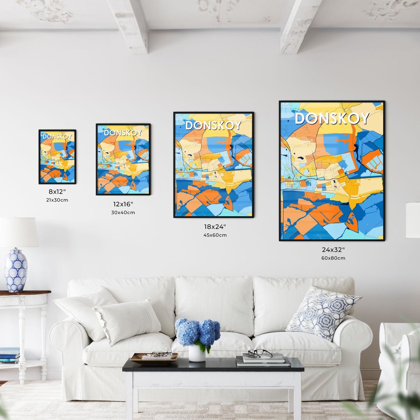 DONSKOY RUSSIA Vibrant Colorful Art Map Poster Blue Orange