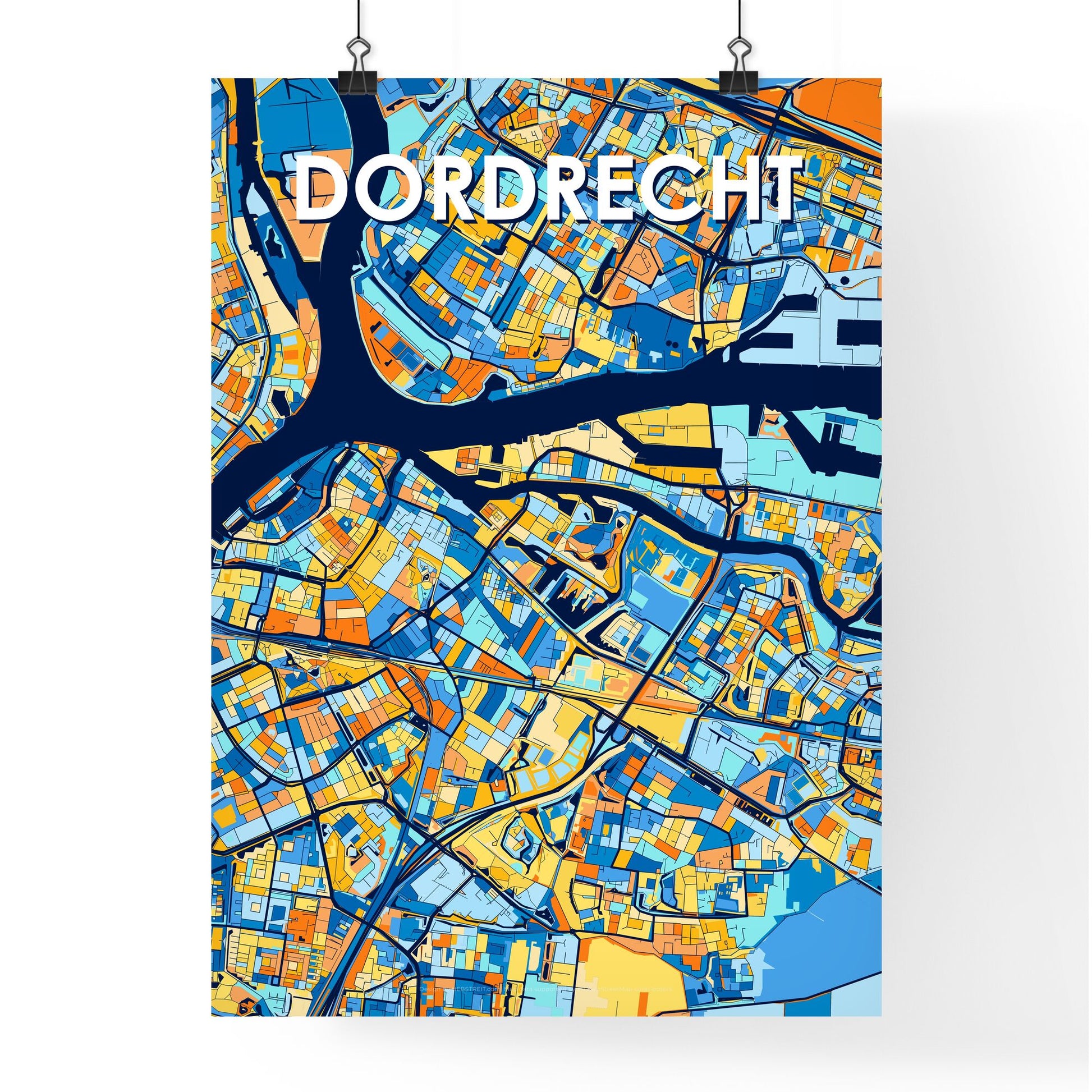 DORDRECHT NETHERLANDS Vibrant Colorful Art Map Poster Blue Orange