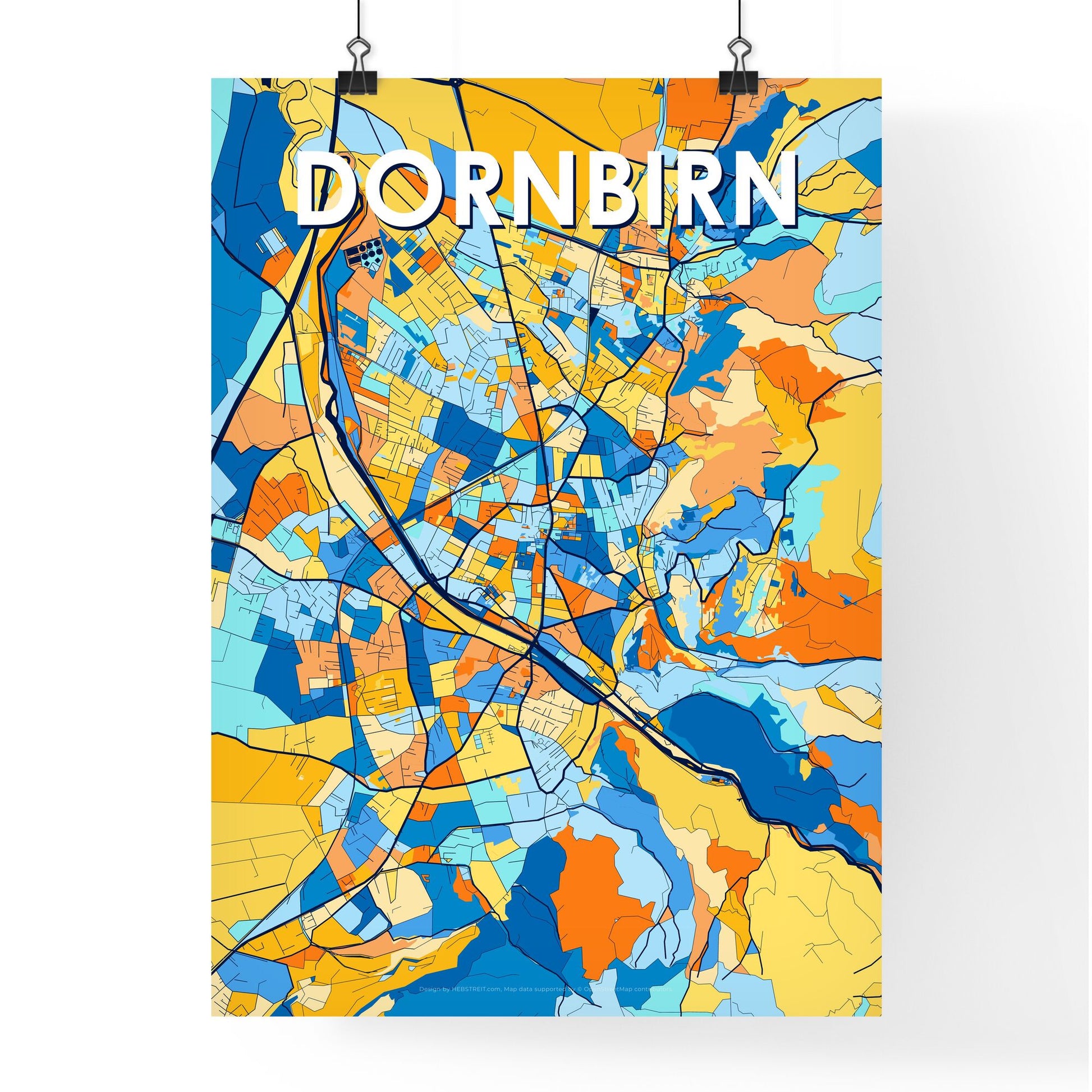 DORNBIRN AUSTRIA Vibrant Colorful Art Map Poster Blue Orange