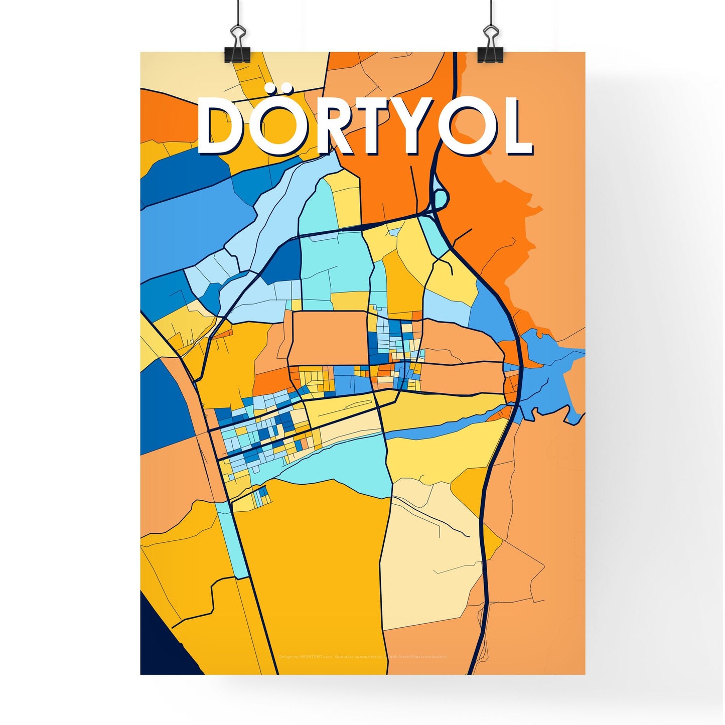 DÖRTYOL TURKEY Vibrant Colorful Art Map Poster Blue Orange