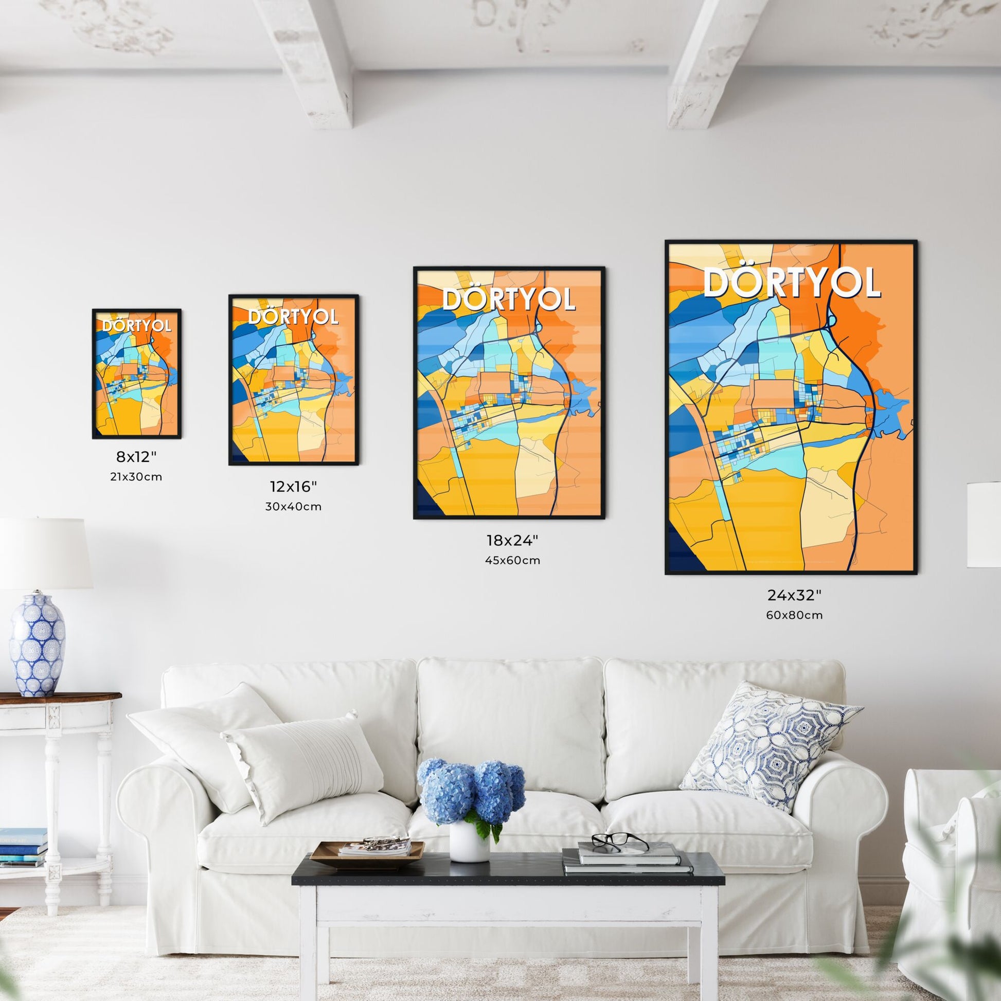 DÖRTYOL TURKEY Vibrant Colorful Art Map Poster Blue Orange