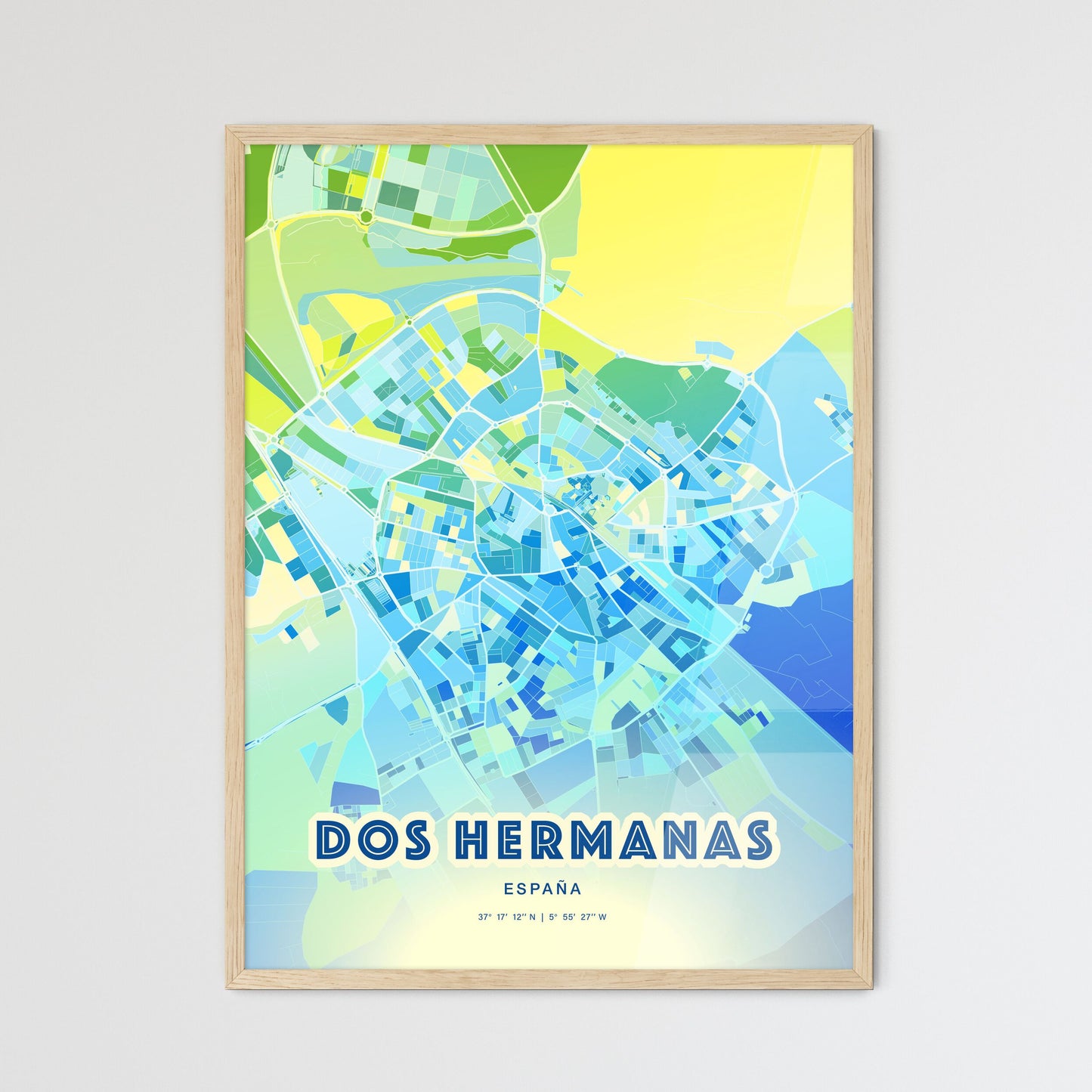 Colorful Dos Hermanas Spain Fine Art Map Cool Blue