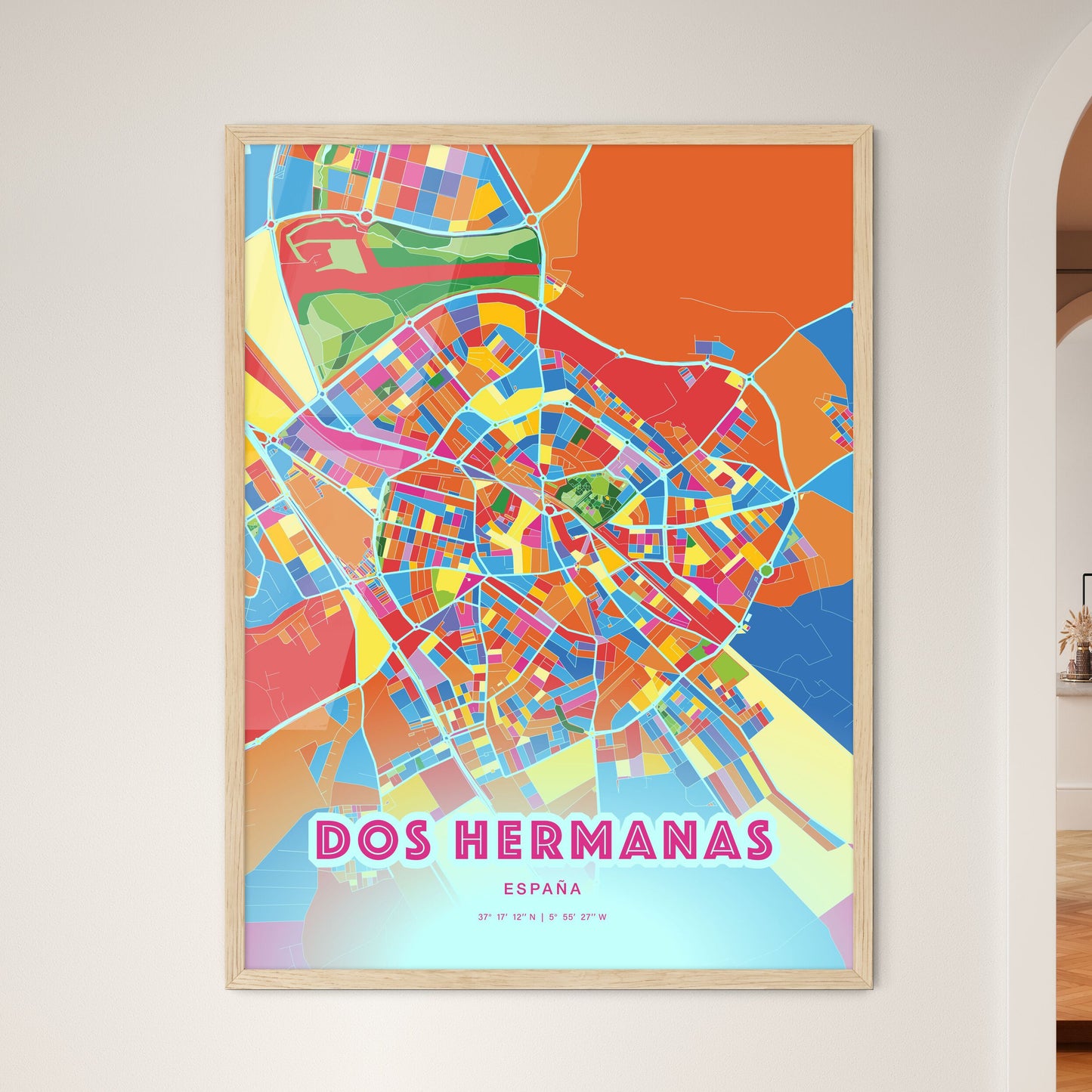 Colorful Dos Hermanas Spain Fine Art Map Crazy Colors