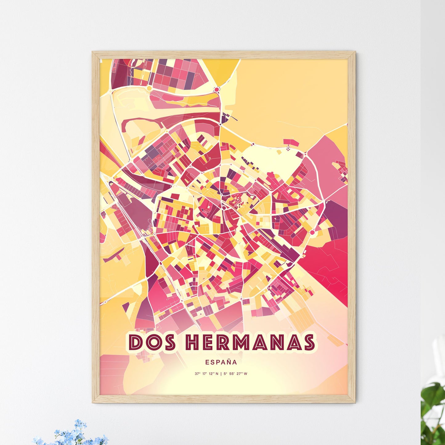 Colorful Dos Hermanas Spain Fine Art Map Hot Red