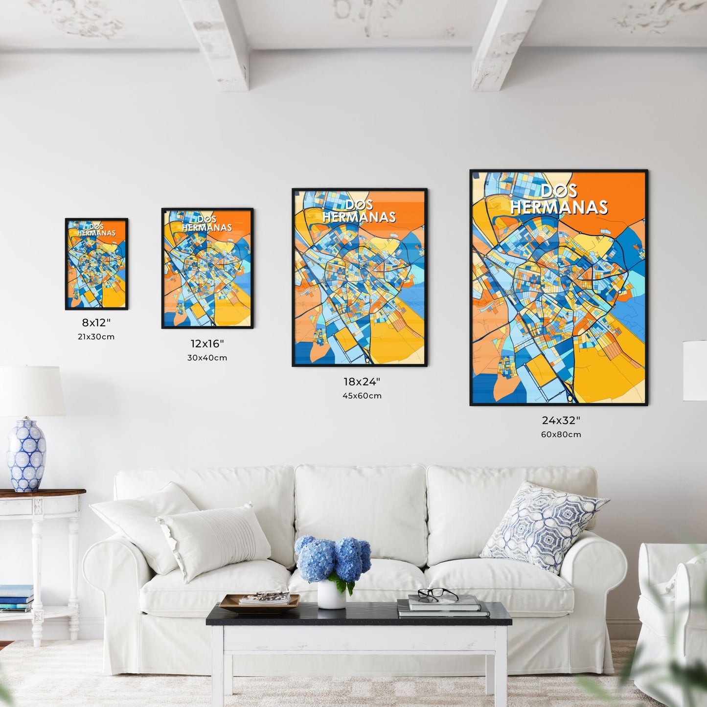 DOS HERMANAS SPAIN Vibrant Colorful Art Map Poster Blue Orange