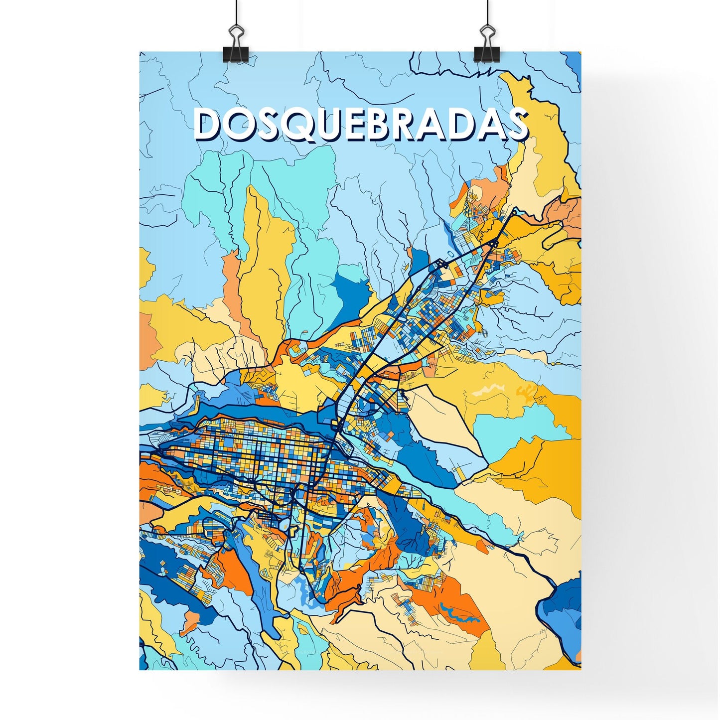 DOSQUEBRADAS COLOMBIA Vibrant Colorful Art Map Poster Blue Orange