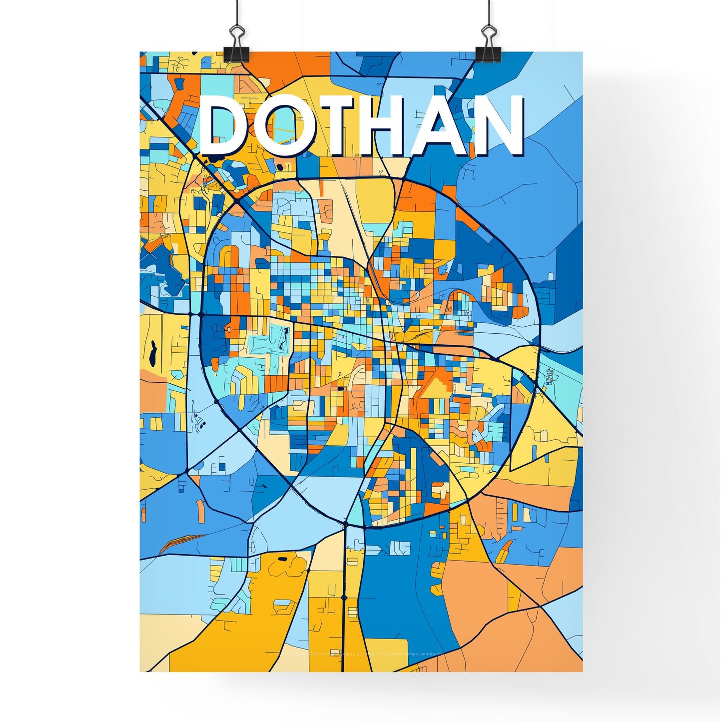 DOTHAN ALABAMA Vibrant Colorful Art Map Poster Blue Orange