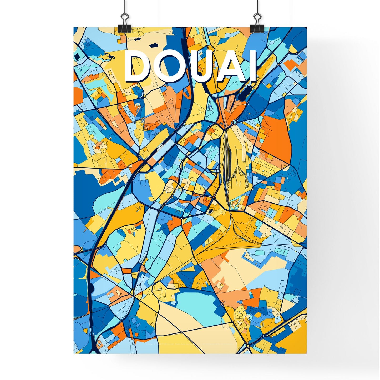 DOUAI FRANCE Vibrant Colorful Art Map Poster Blue Orange