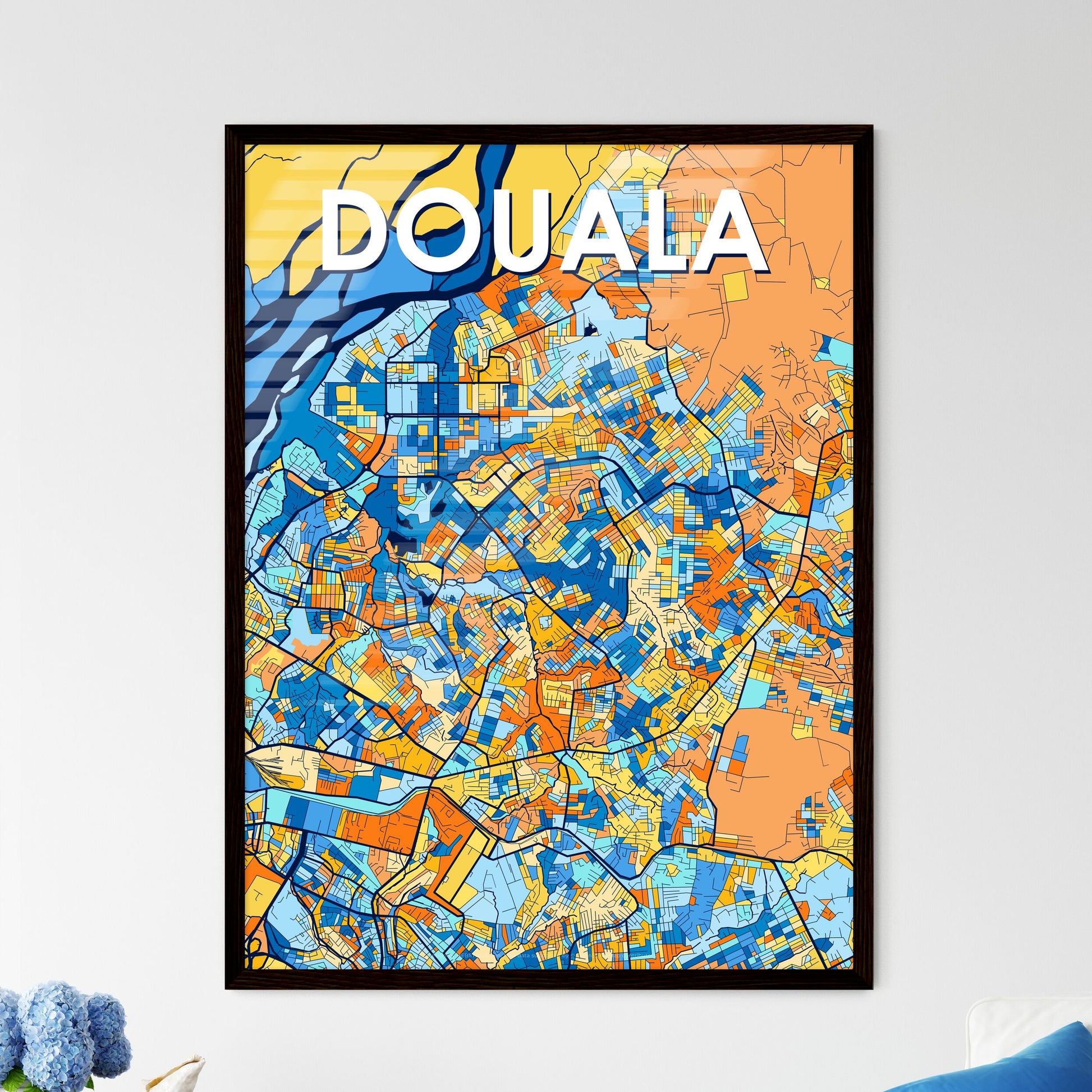 DOUALA CAMEROON Vibrant Colorful Art Map Poster Blue Orange