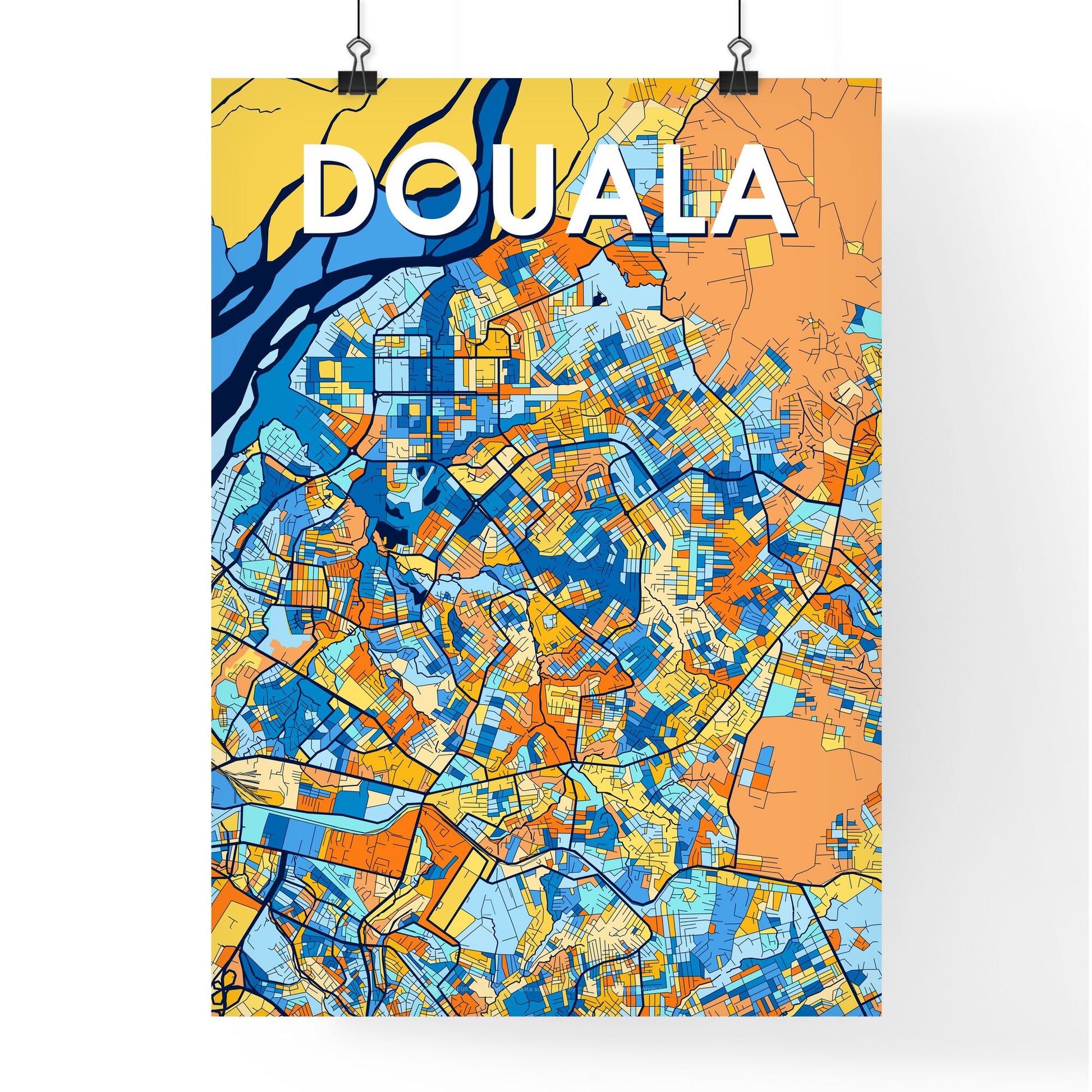 DOUALA CAMEROON Vibrant Colorful Art Map Poster Blue Orange