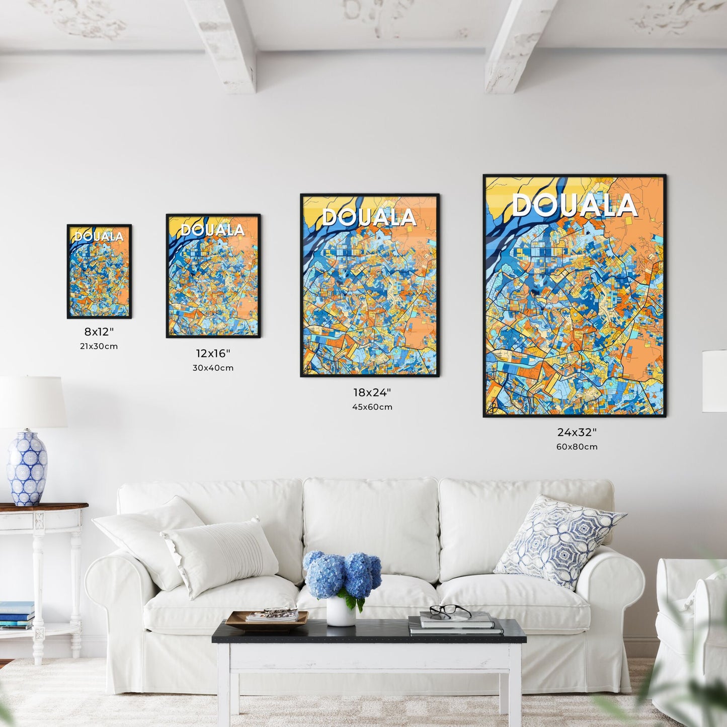 DOUALA CAMEROON Vibrant Colorful Art Map Poster Blue Orange