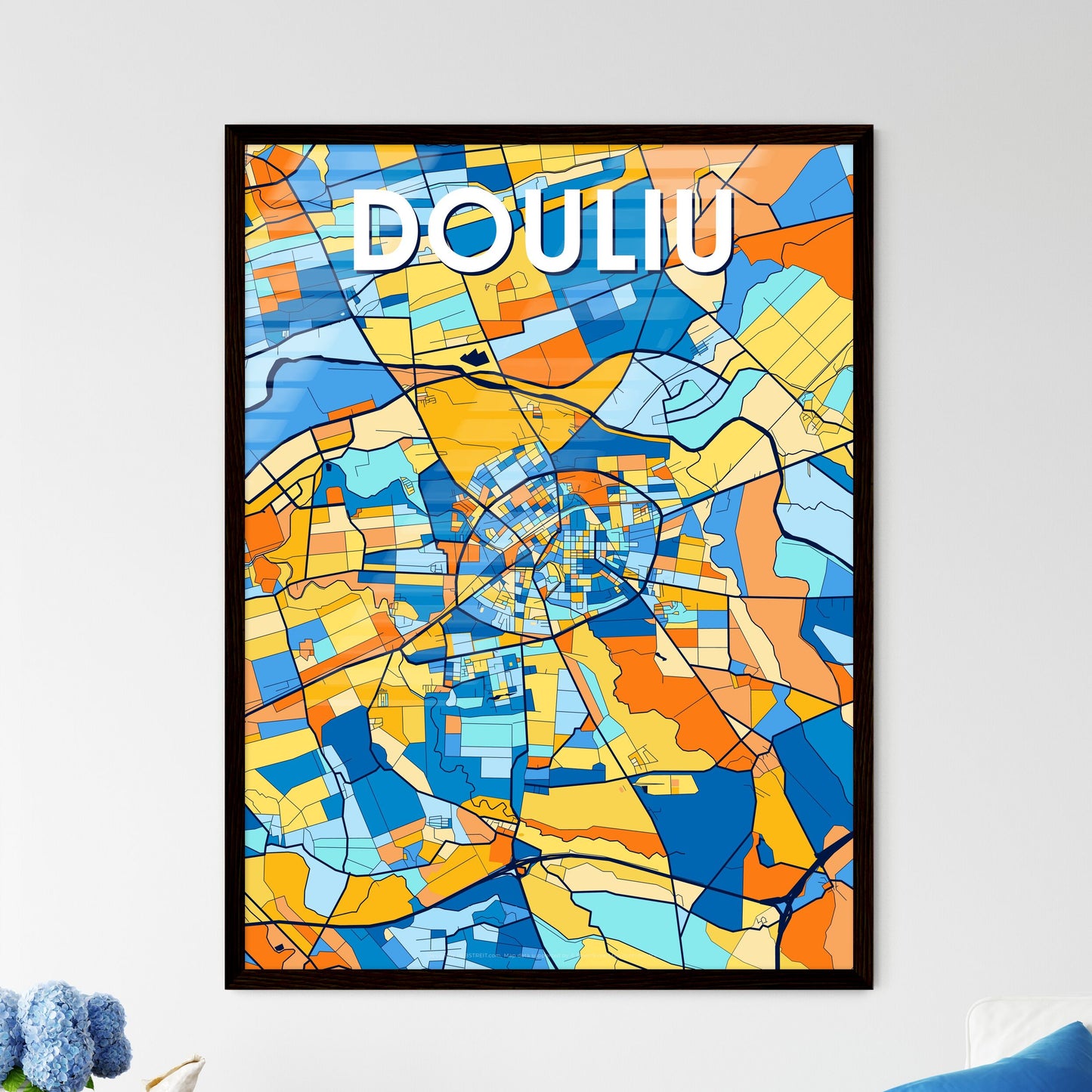 DOULIU TAIWAN Vibrant Colorful Art Map Poster Blue Orange