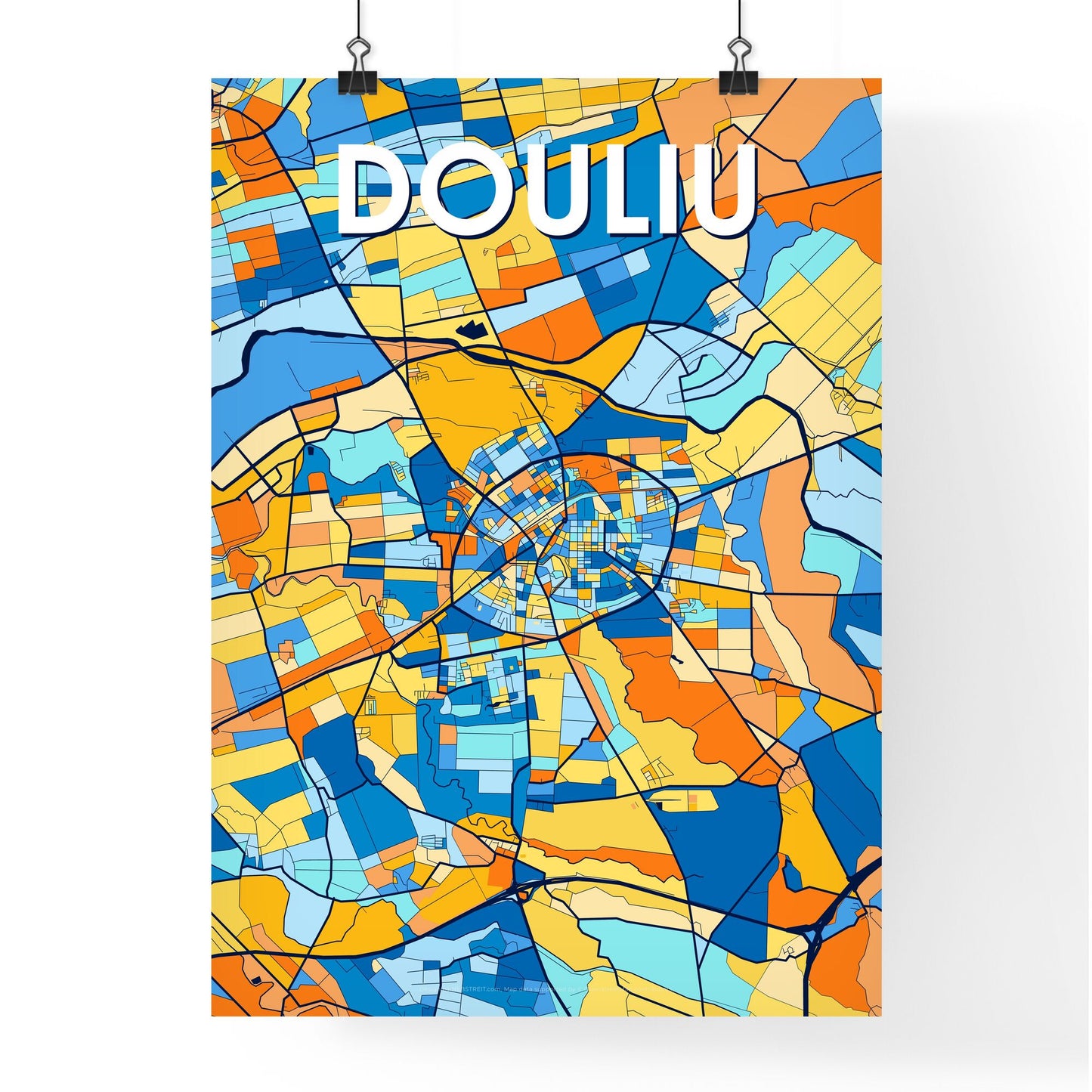 DOULIU TAIWAN Vibrant Colorful Art Map Poster Blue Orange