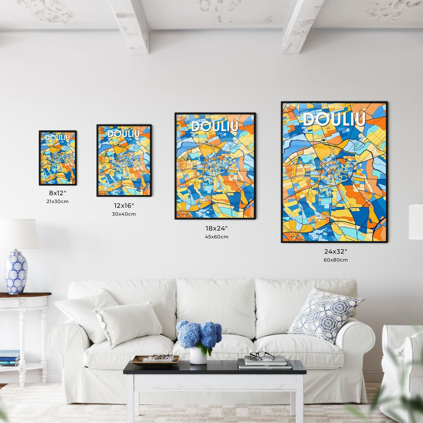 DOULIU TAIWAN Vibrant Colorful Art Map Poster Blue Orange