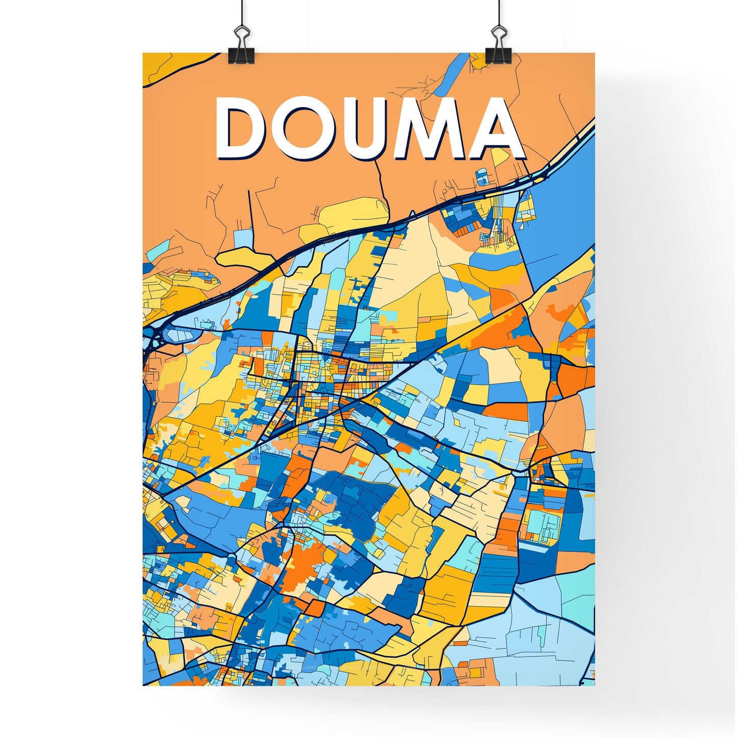 DOUMA SYRIA Vibrant Colorful Art Map Poster Blue Orange