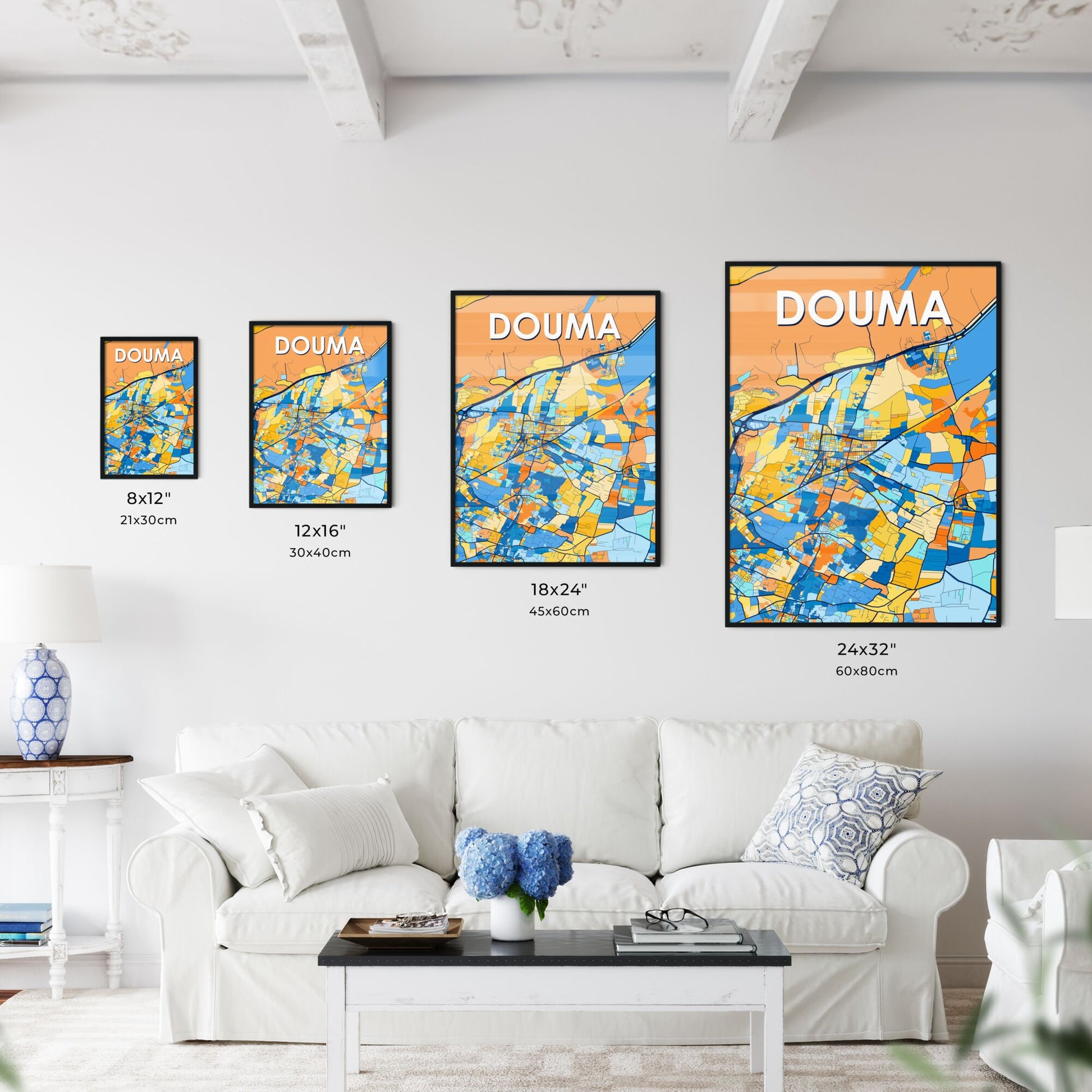 DOUMA SYRIA Vibrant Colorful Art Map Poster Blue Orange