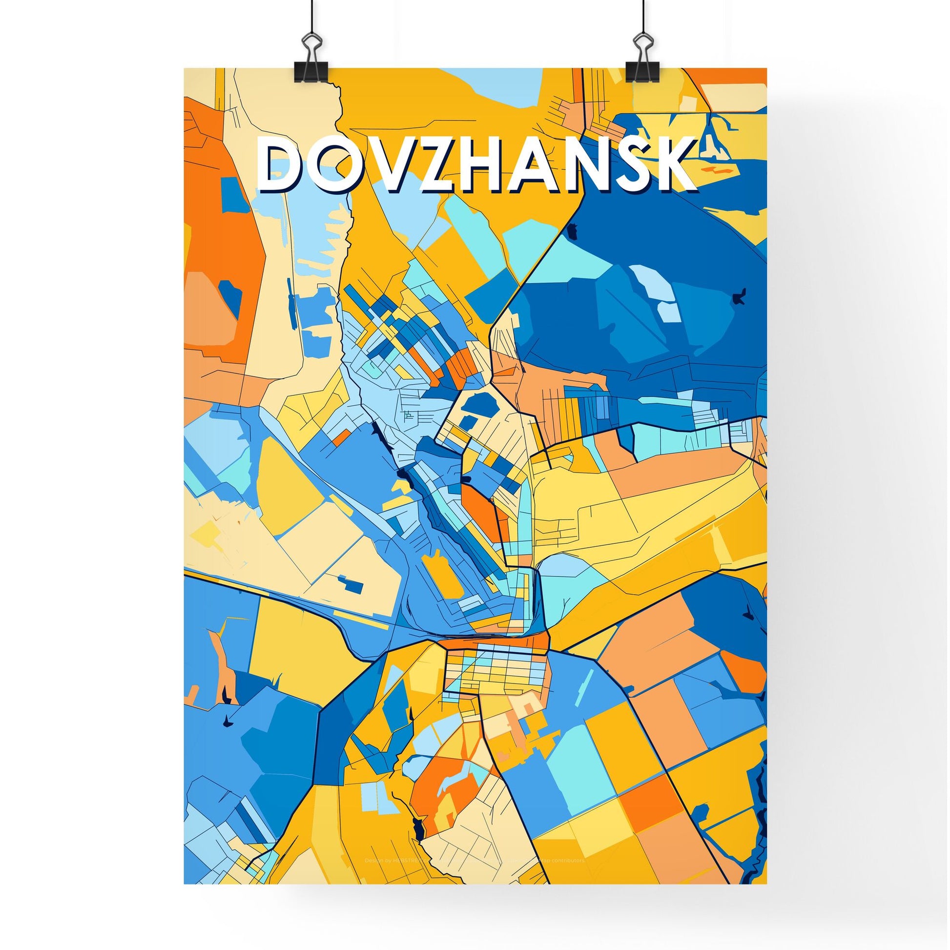 DOVZHANSK UKRAINE Vibrant Colorful Art Map Poster Blue Orange