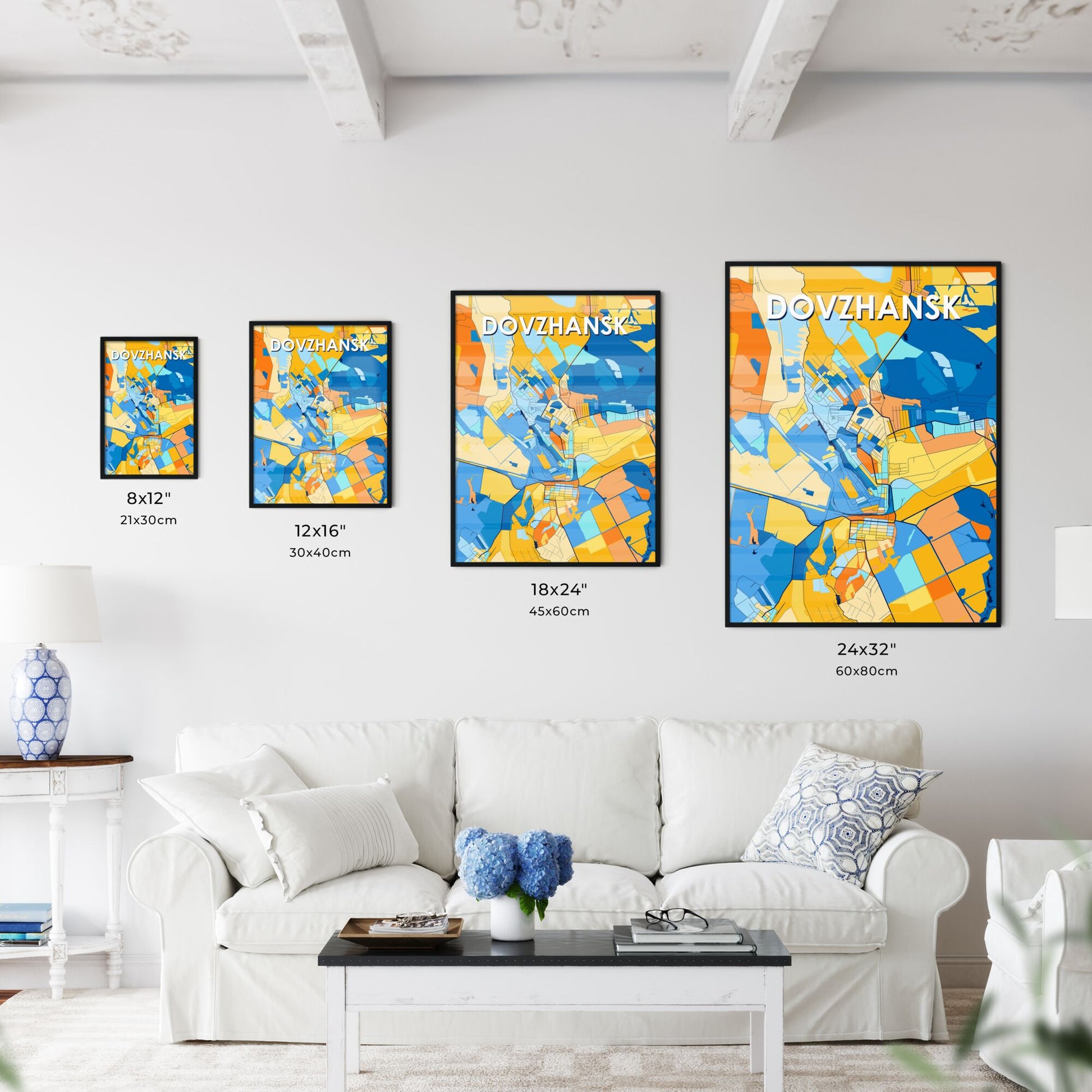 DOVZHANSK UKRAINE Vibrant Colorful Art Map Poster Blue Orange