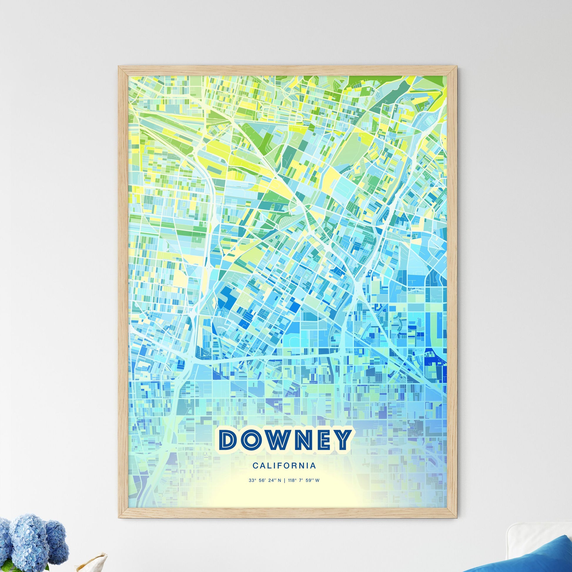 Colorful Downey California Fine Art Map Cool Blue