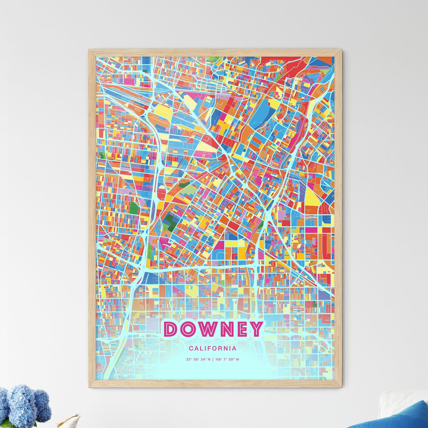 Colorful Downey California Fine Art Map Crazy Colors