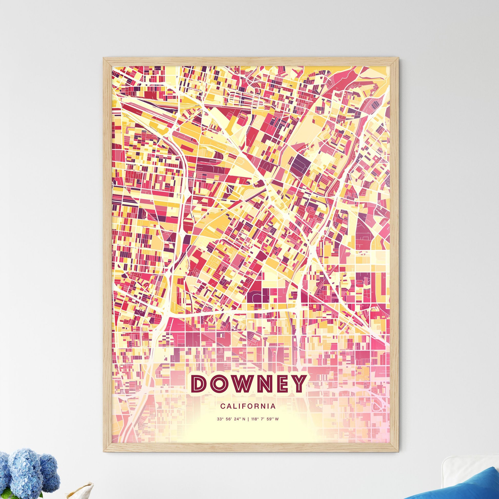 Colorful Downey California Fine Art Map Hot Red