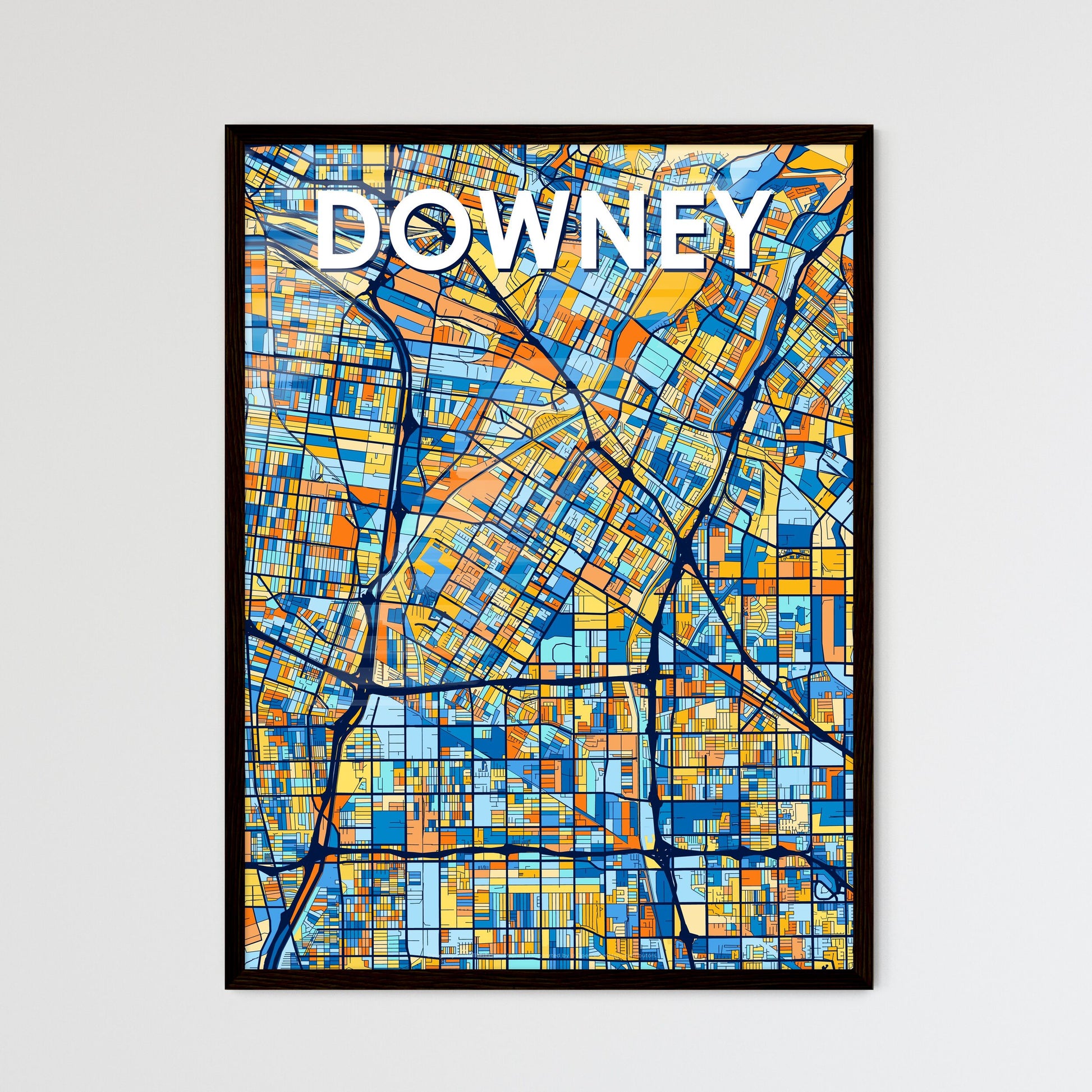 DOWNEY CALIFORNIA Vibrant Colorful Art Map Poster Blue Orange