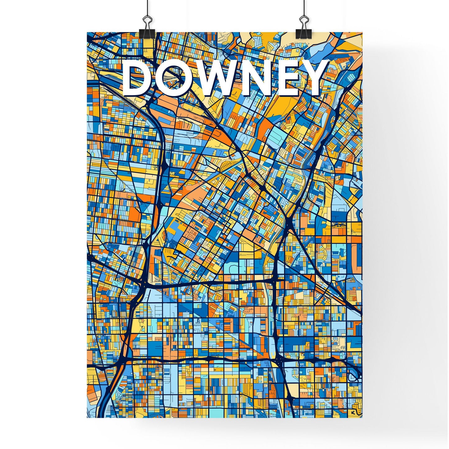 DOWNEY CALIFORNIA Vibrant Colorful Art Map Poster Blue Orange