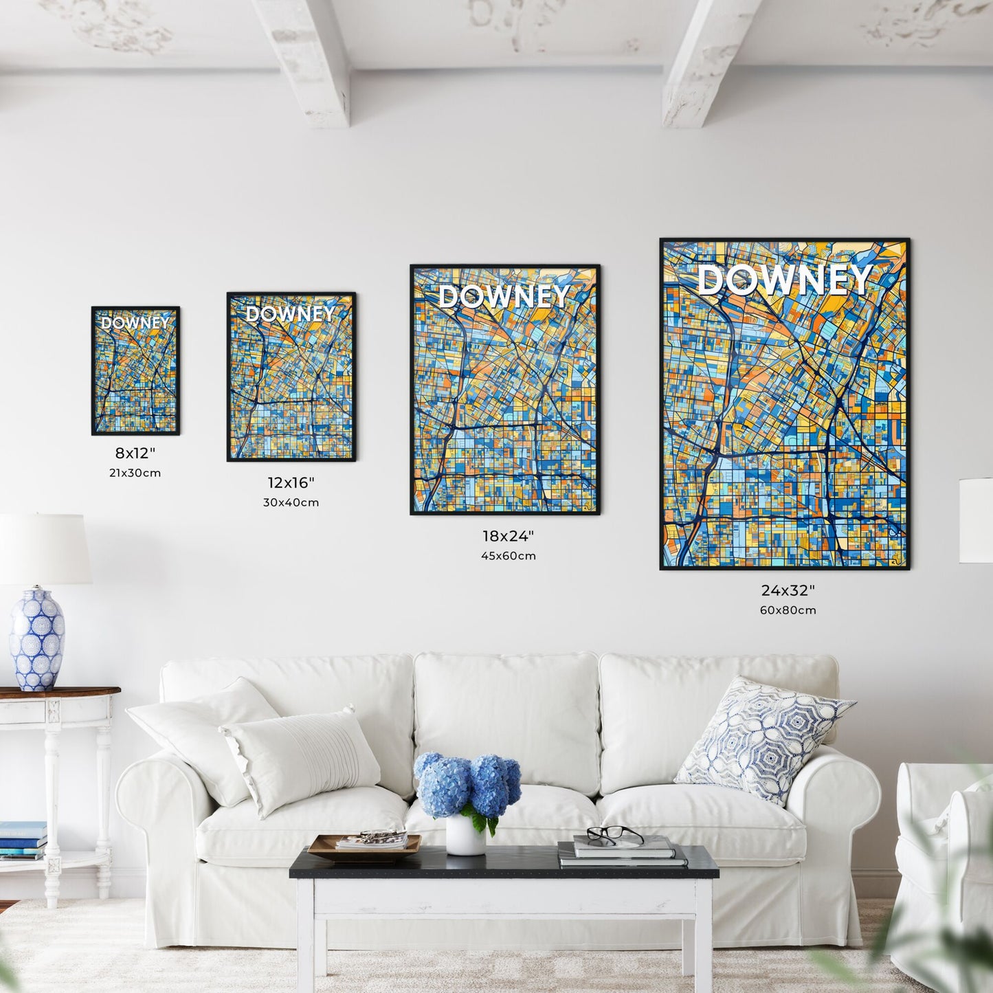 DOWNEY CALIFORNIA Vibrant Colorful Art Map Poster Blue Orange