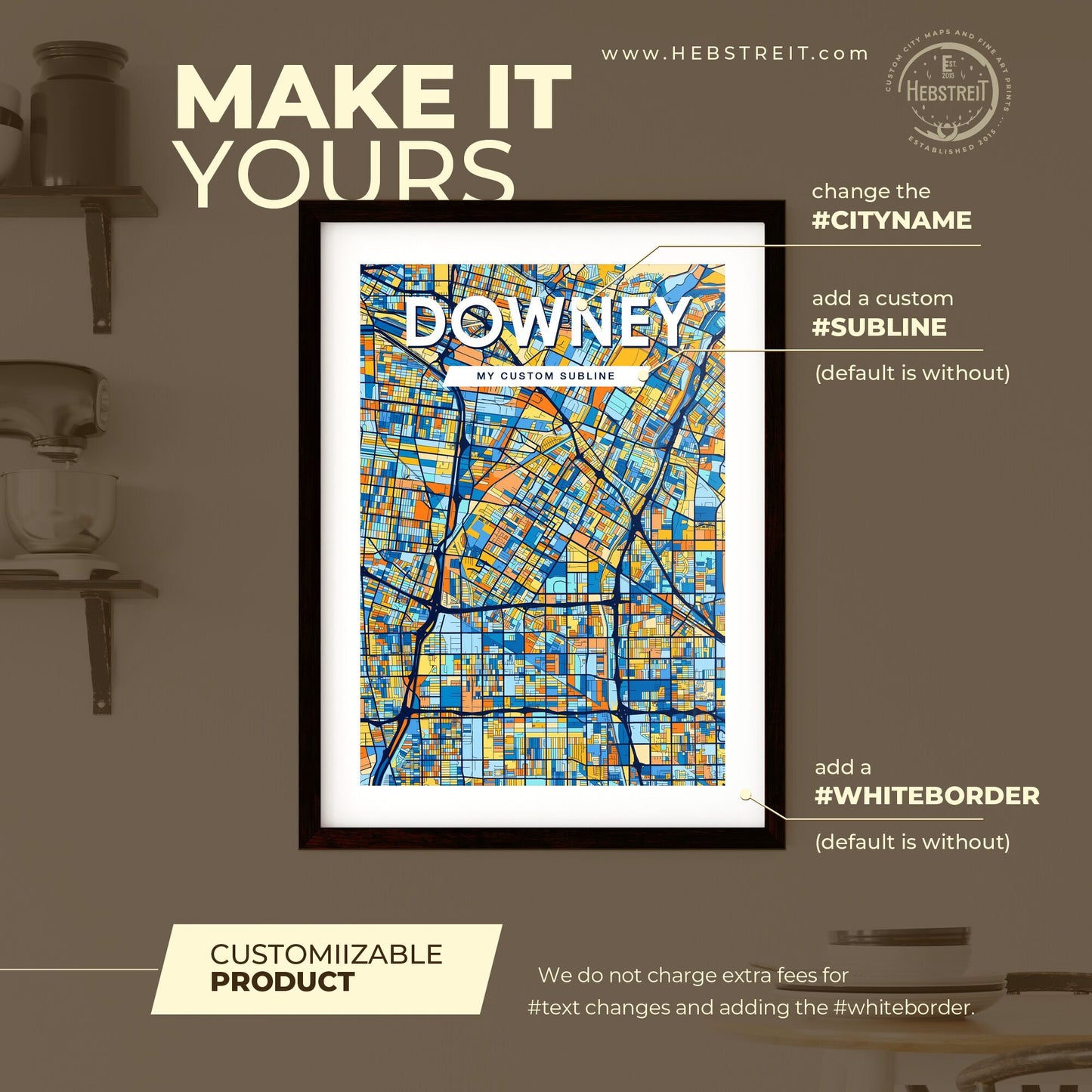 DOWNEY CALIFORNIA Vibrant Colorful Art Map Poster Blue Orange