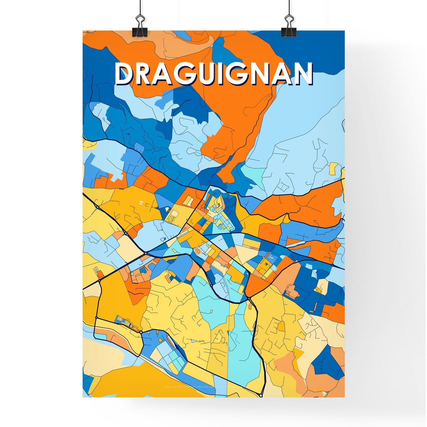 DRAGUIGNAN FRANCE Vibrant Colorful Art Map Poster Blue Orange