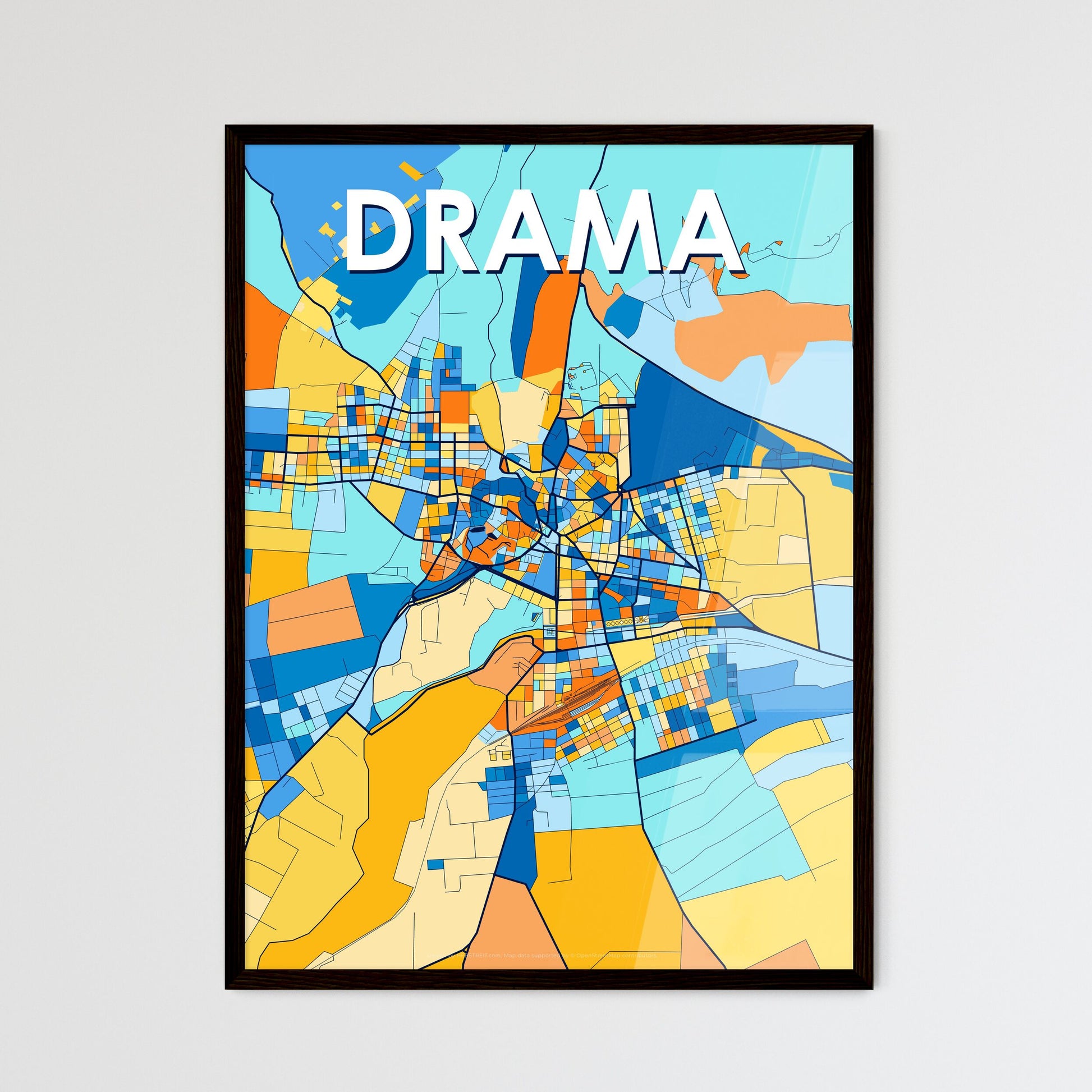 DRAMA GREECE Vibrant Colorful Art Map Poster Blue Orange