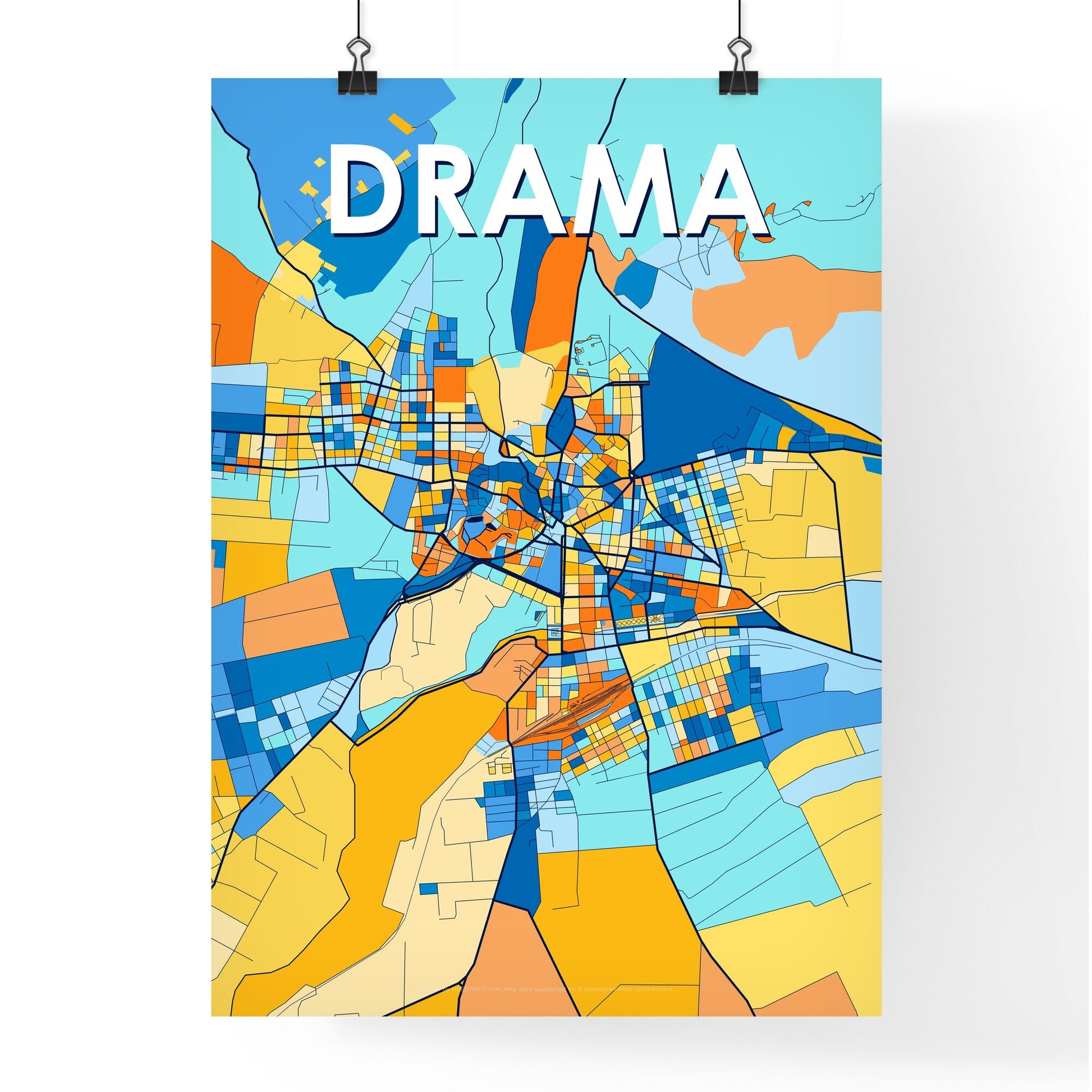 DRAMA GREECE Vibrant Colorful Art Map Poster Blue Orange