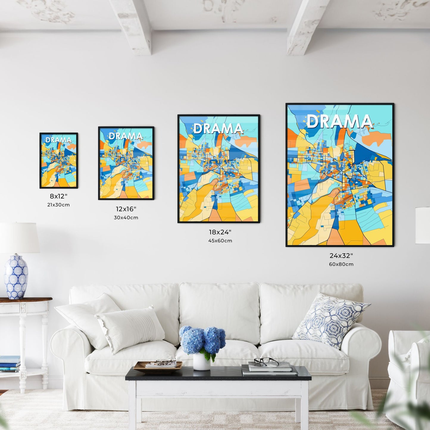 DRAMA GREECE Vibrant Colorful Art Map Poster Blue Orange