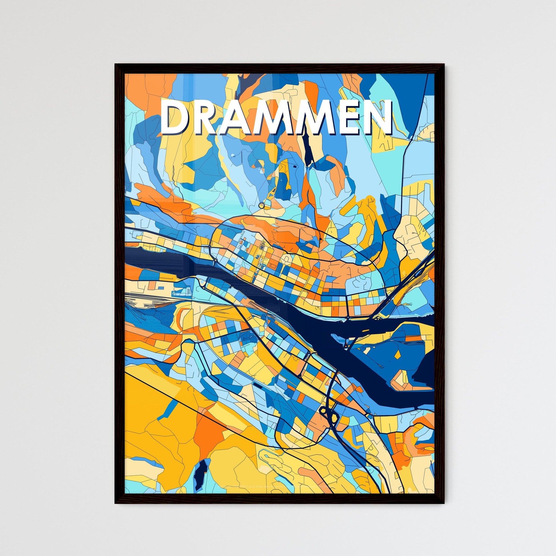 DRAMMEN NORWAY Vibrant Colorful Art Map Poster Blue Orange