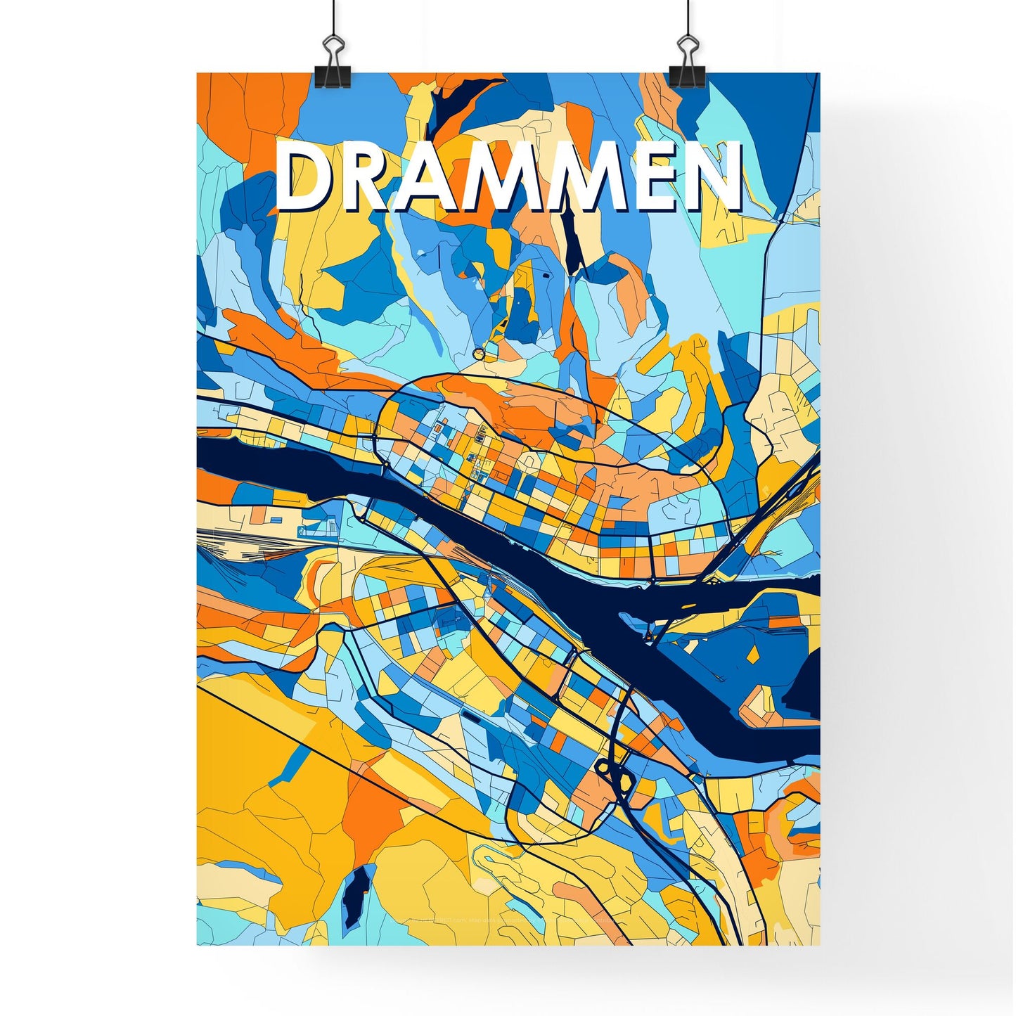 DRAMMEN NORWAY Vibrant Colorful Art Map Poster Blue Orange