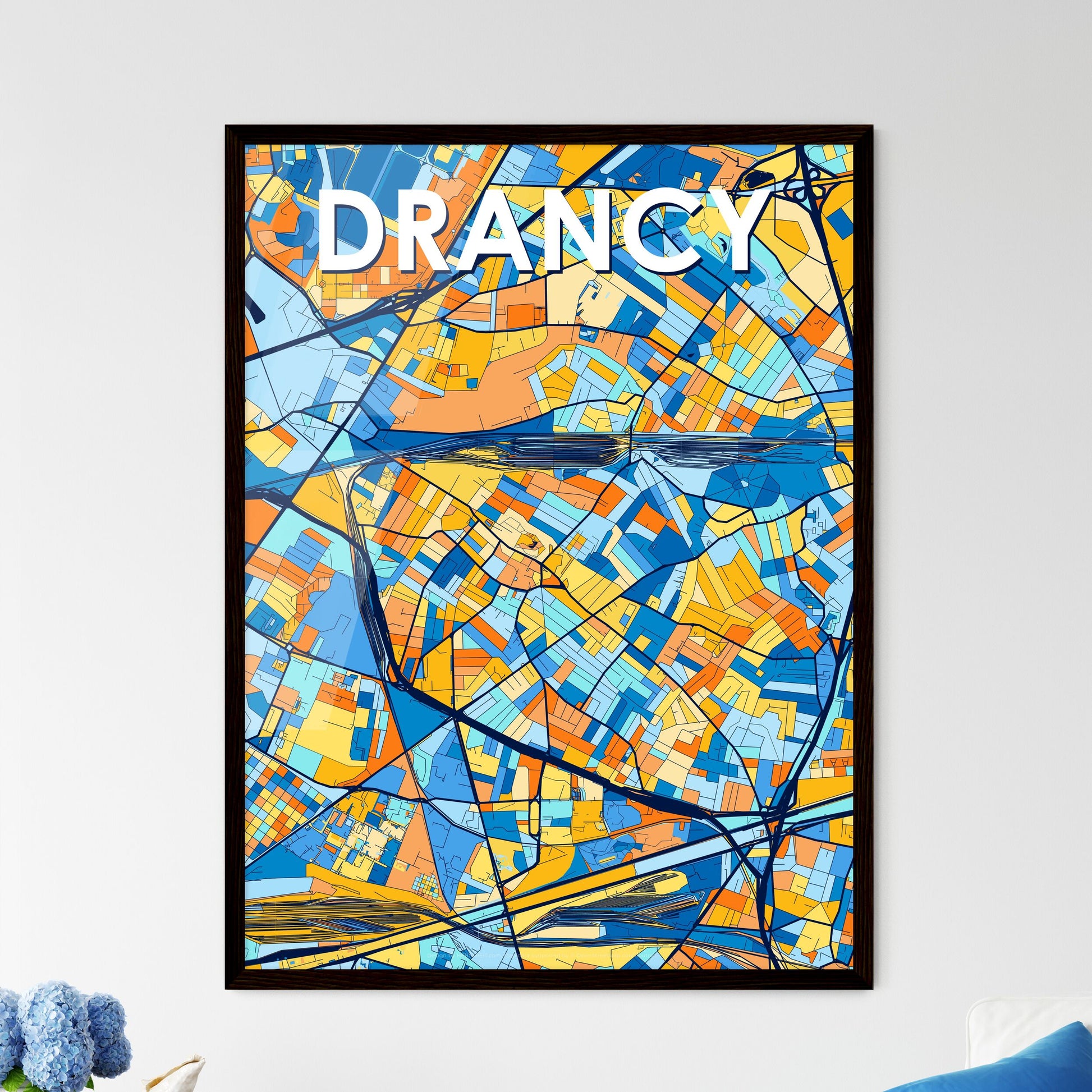 DRANCY FRANCE Vibrant Colorful Art Map Poster Blue Orange