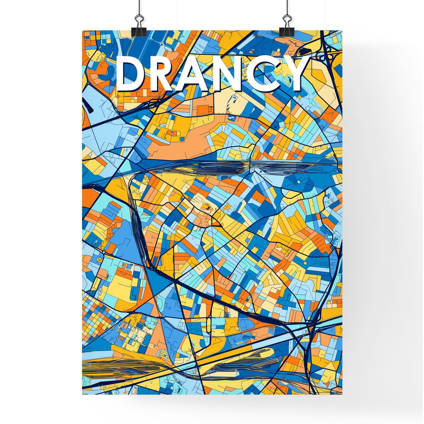 DRANCY FRANCE Vibrant Colorful Art Map Poster Blue Orange