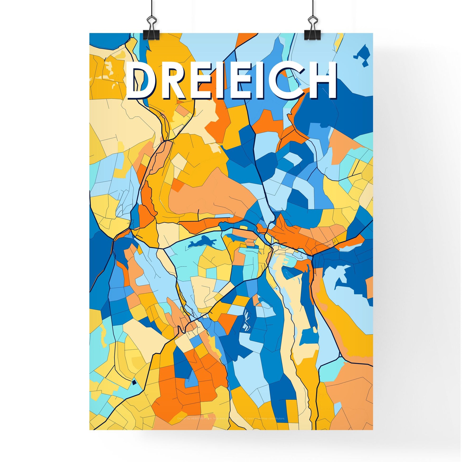 DREIEICH GERMANY Vibrant Colorful Art Map Poster Blue Orange