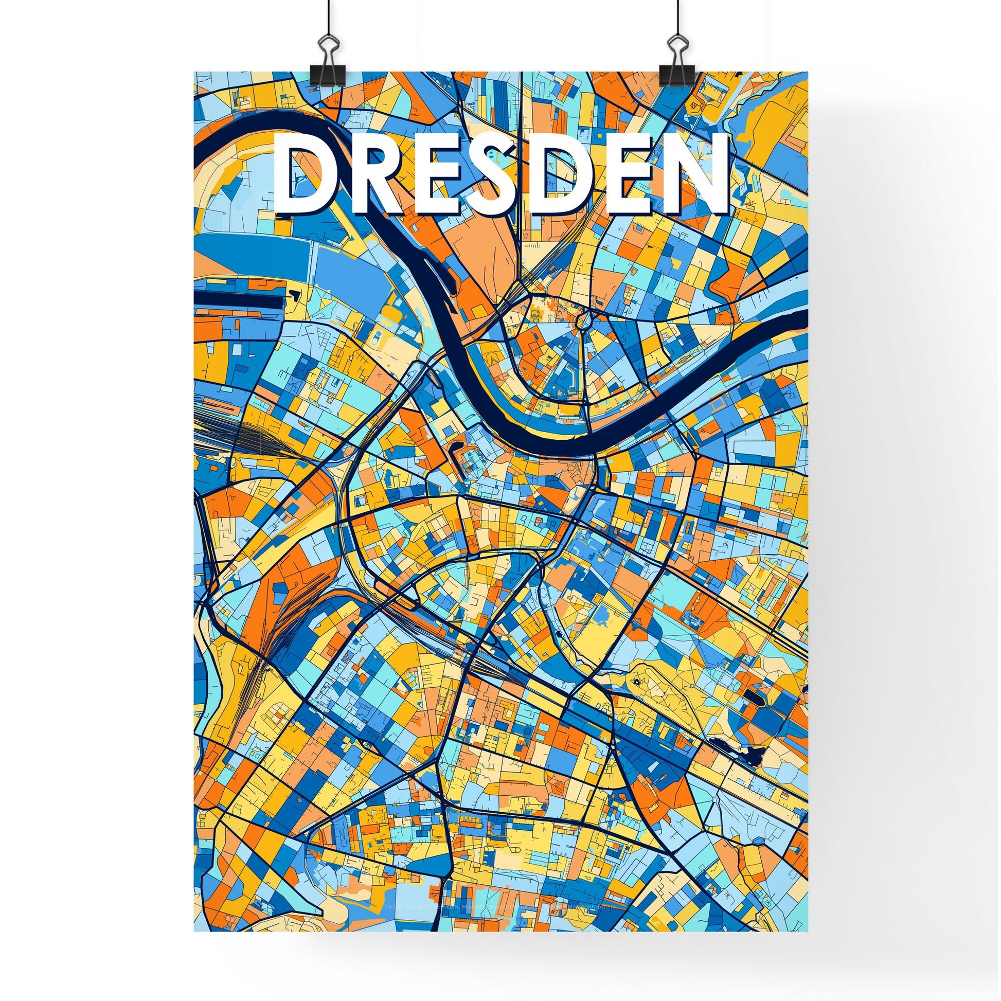 DRESDEN GERMANY Vibrant Colorful Art Map Poster Blue Orange