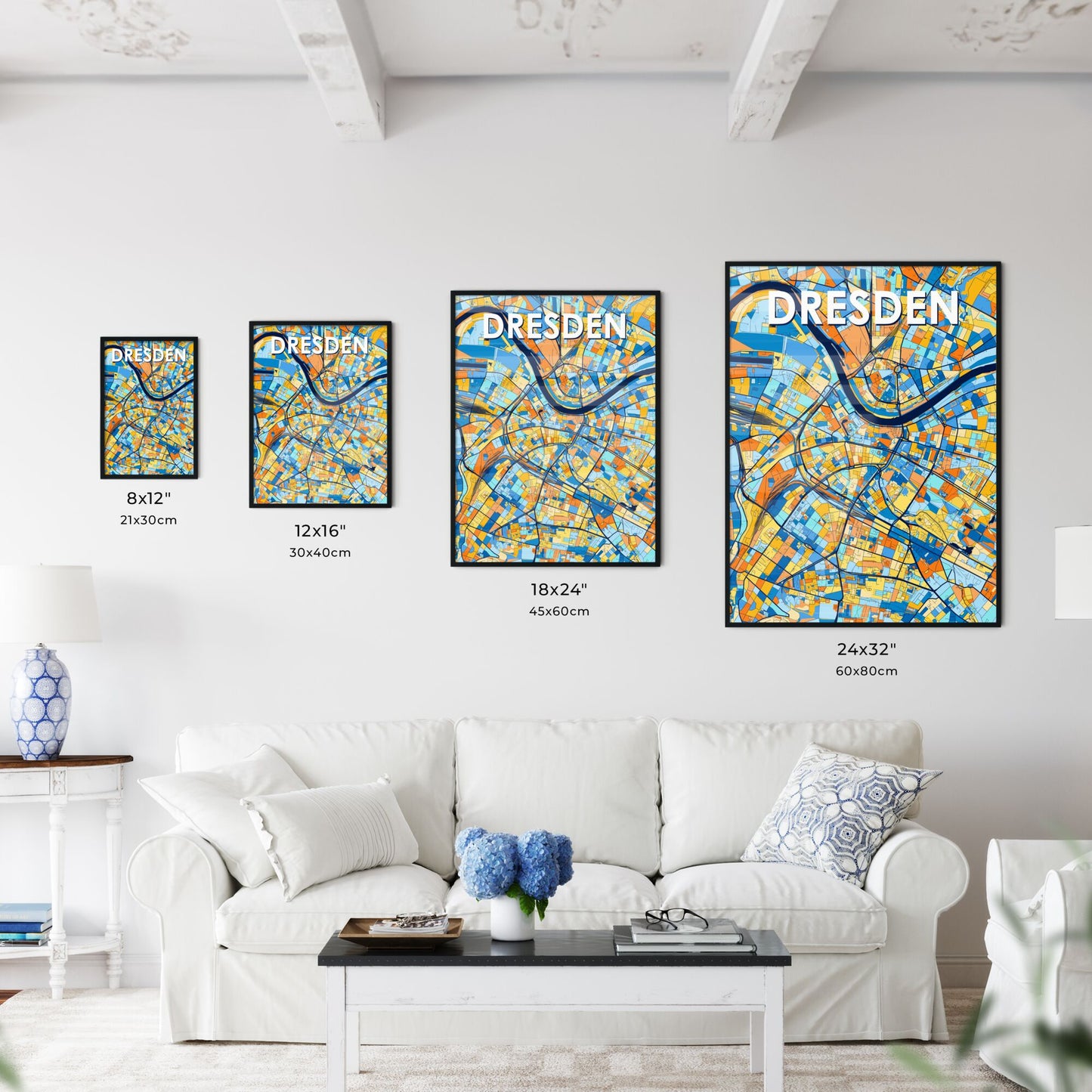 DRESDEN GERMANY Vibrant Colorful Art Map Poster Blue Orange