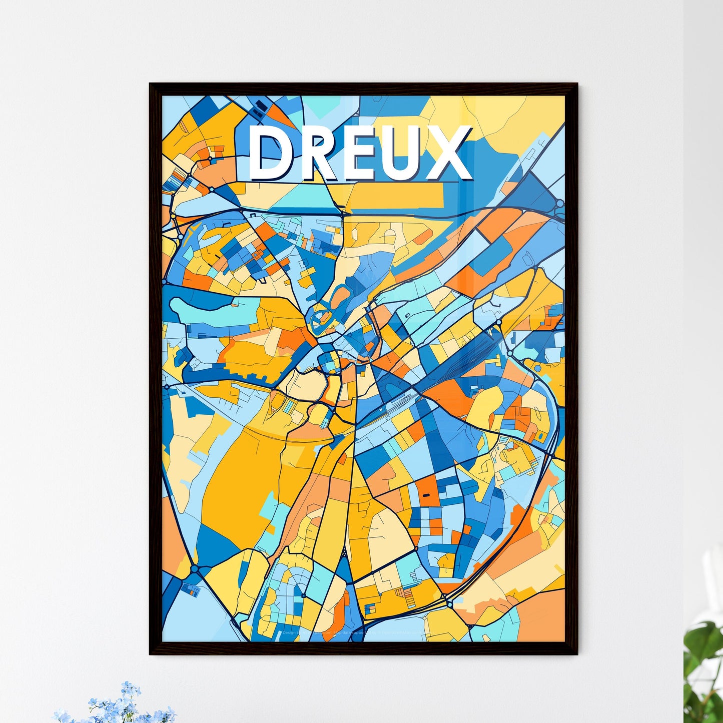 DREUX FRANCE Vibrant Colorful Art Map Poster Blue Orange