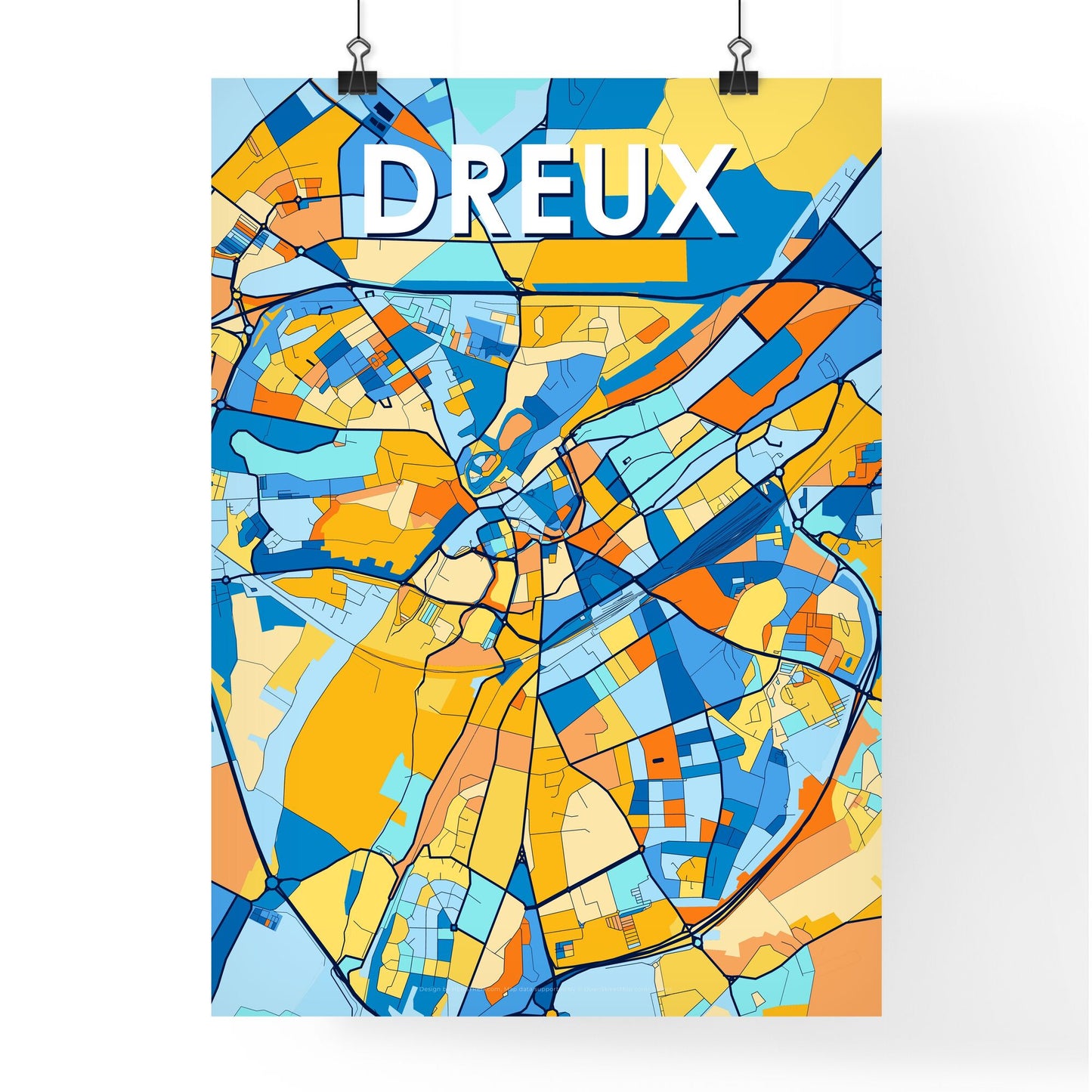 DREUX FRANCE Vibrant Colorful Art Map Poster Blue Orange